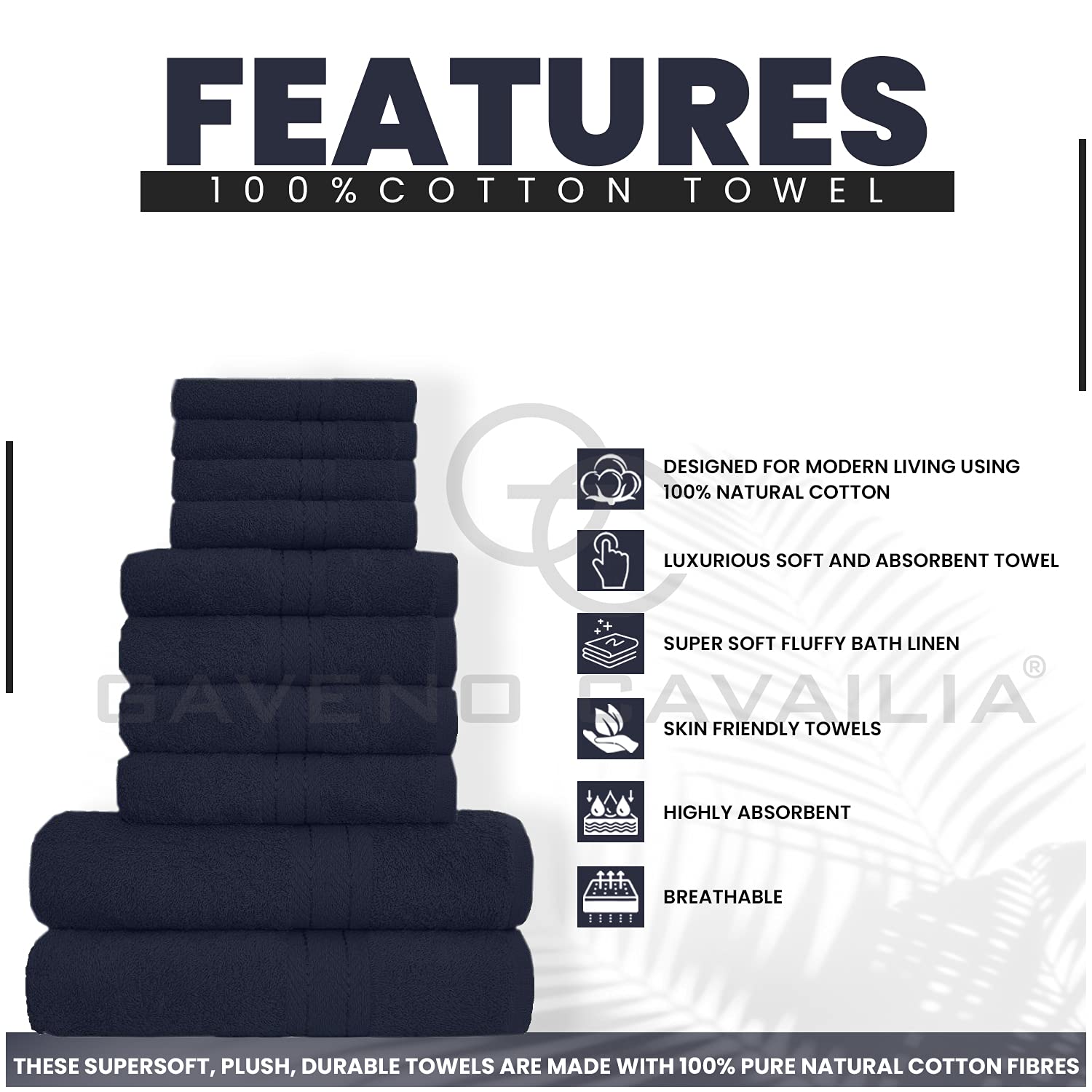 GC GAVENO CAVAILIA 10 Piece Towel Set - 100% Egyptian Cotton, Navy-blue, Super Absorbent 2