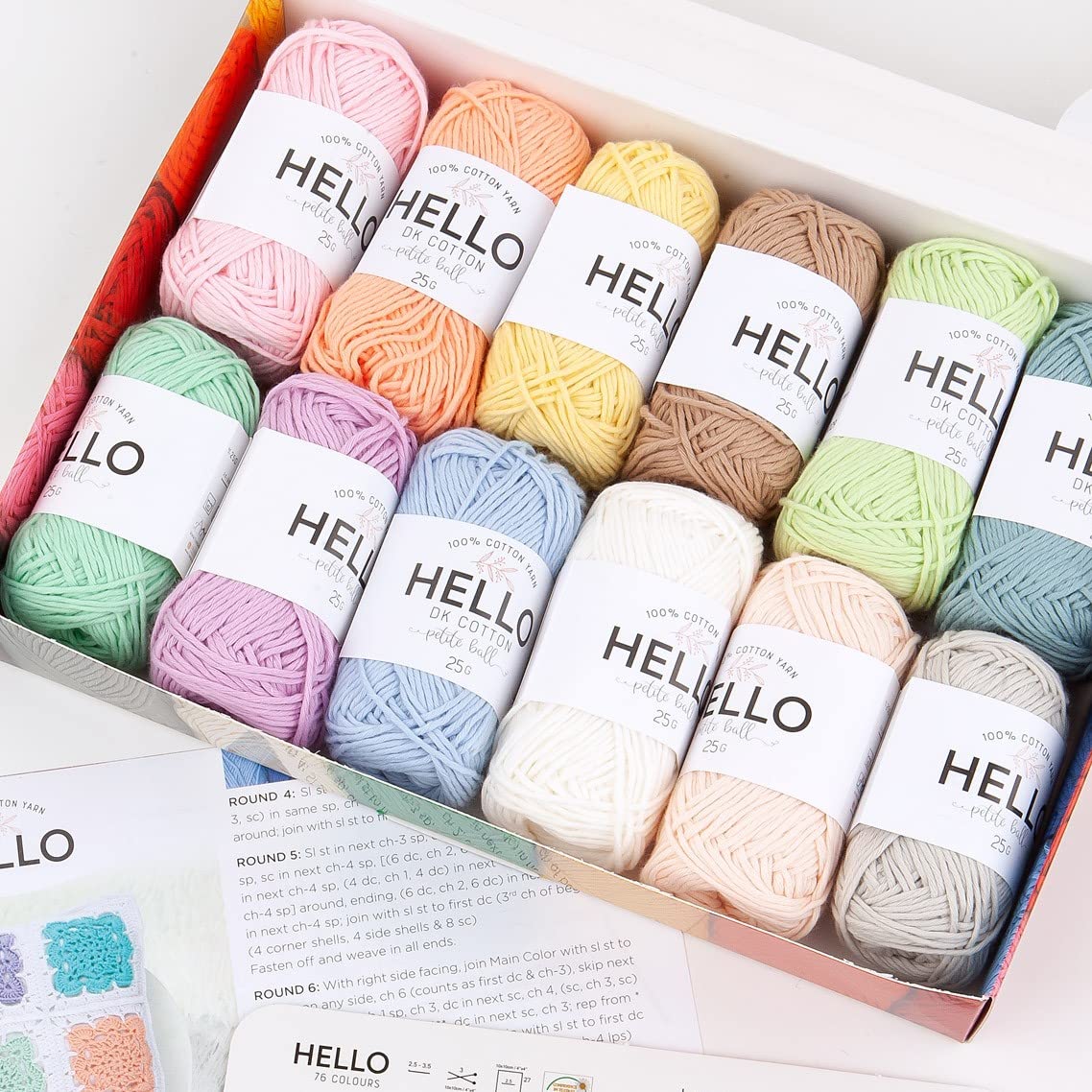 Hello Yarn 12 Ball Cotton Yarn Pack - Pastel | Baby Sport Weight | 25g Each 1
