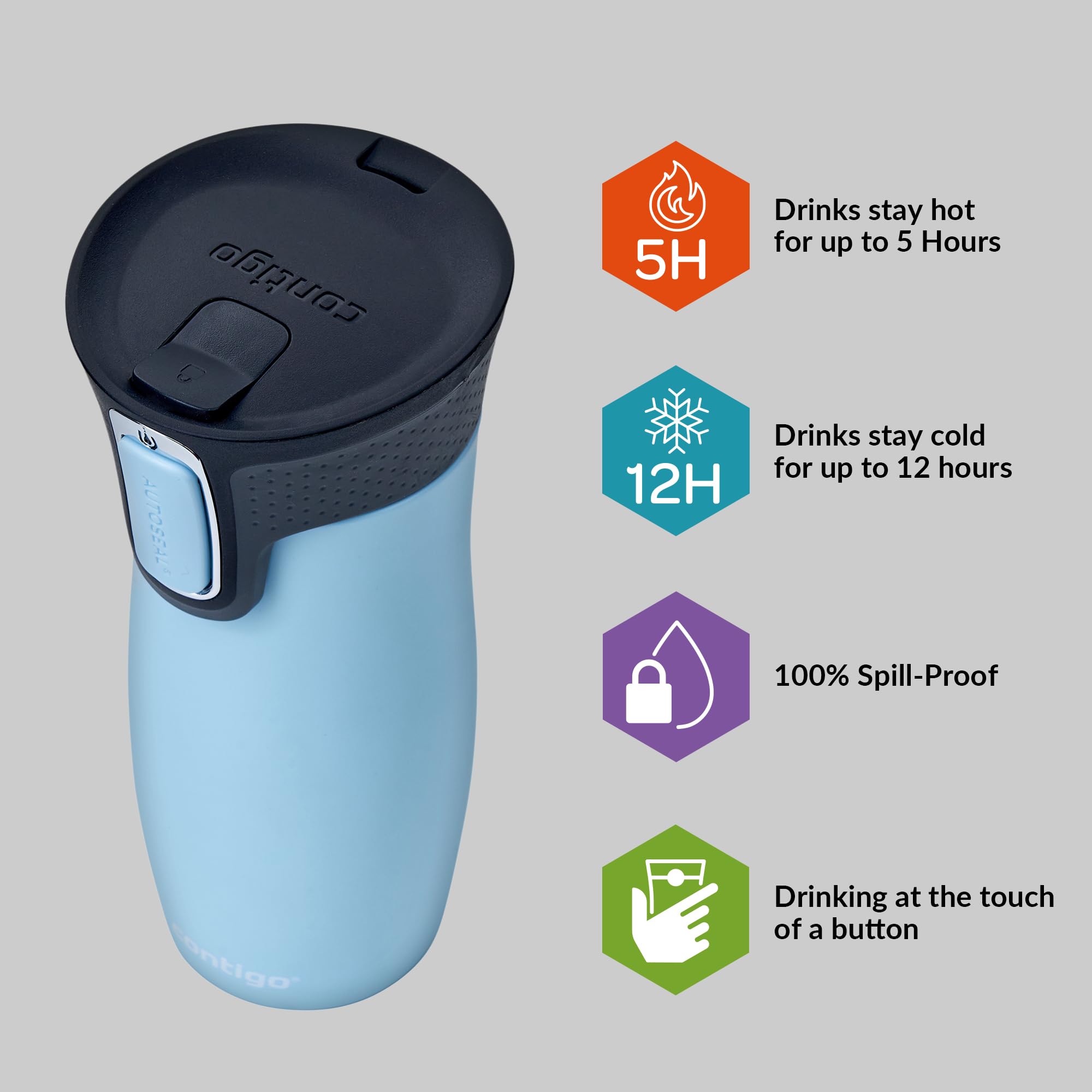 Contigo West Loop Autoseal Thermal Mug - 470ml, Keeps Hot 5h/Cold 12h, Leak Proof | Iced Aqua