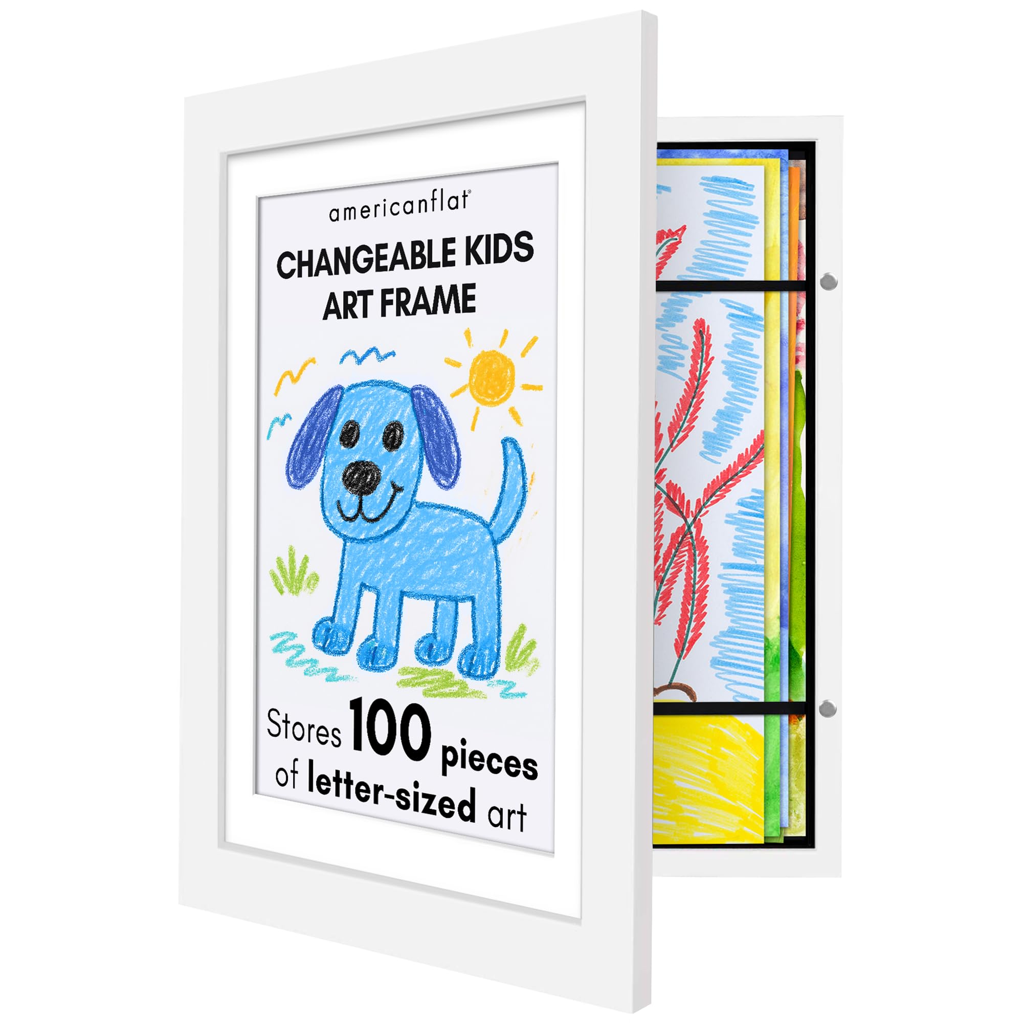 Americanflat A4 Kids Artwork Display Frame in White - Front-Loading, Holds 100 Pieces | 25.5x32 cm