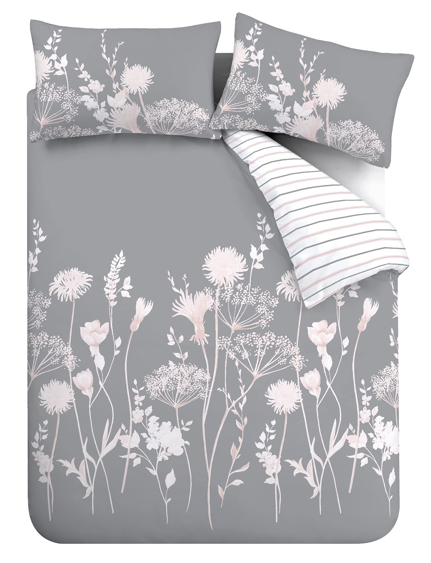 Catherine Lansfield Meadowsweet Floral Reversible King Duvet Cover Set with Pillowcases Grey Pink 5