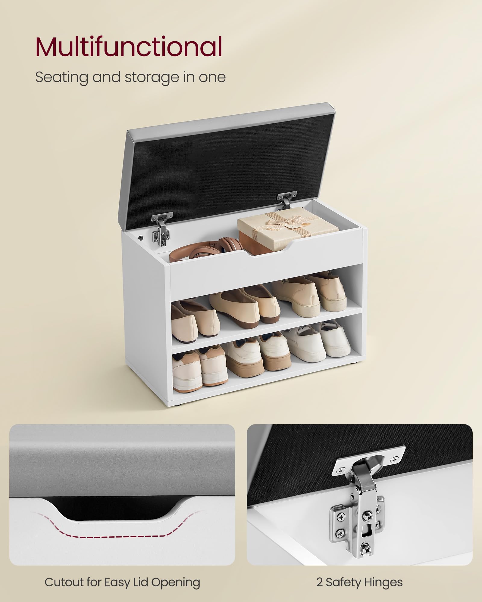VASAGLE Shoe Storage Bench with Padded Seat | 30D x 60W x 44H cm | Supports 136 kg 4