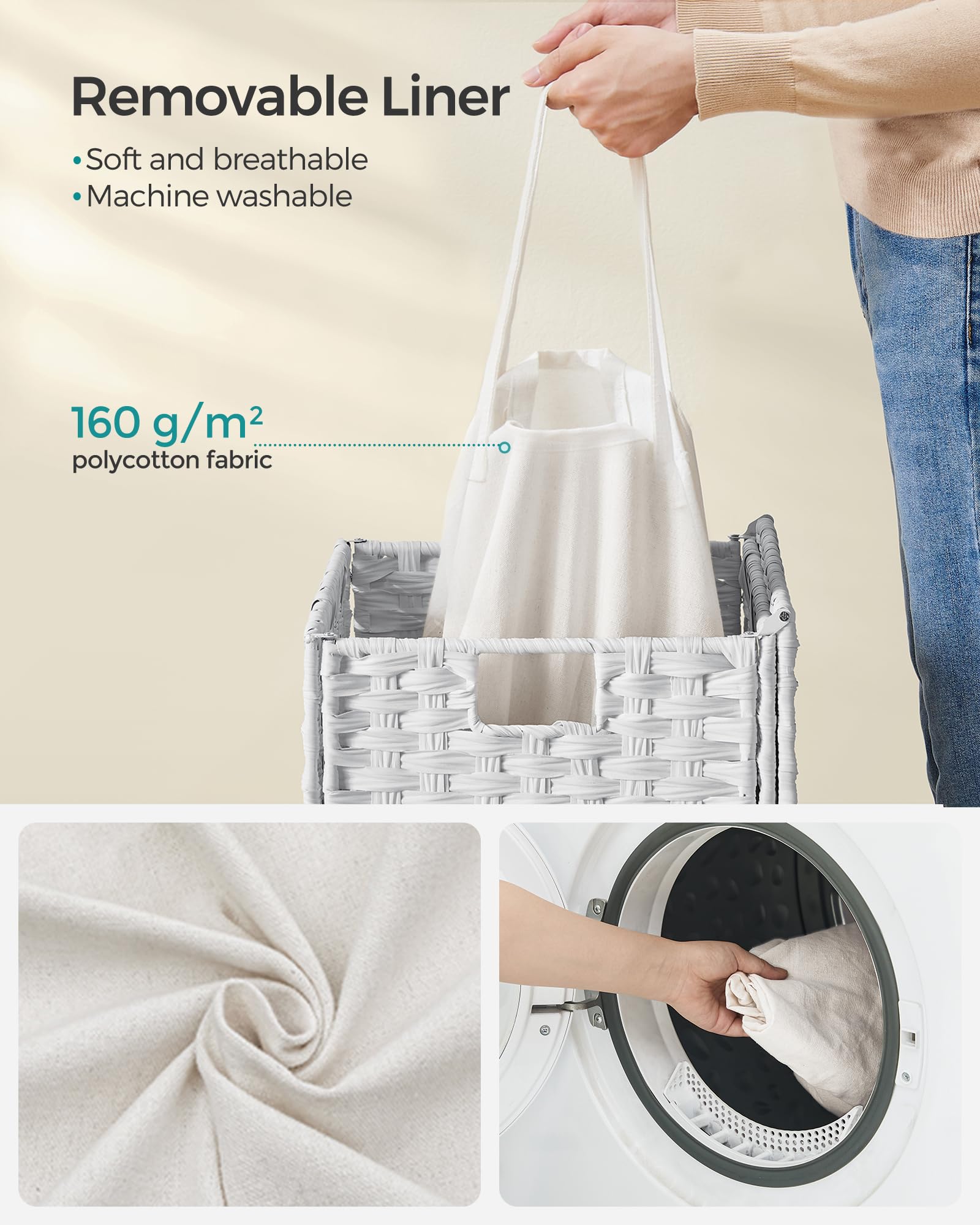 SONGMICS Handwoven Laundry Basket - 90L Capacity, Foldable, White Synthetic Rattan Hamper with Lid 6