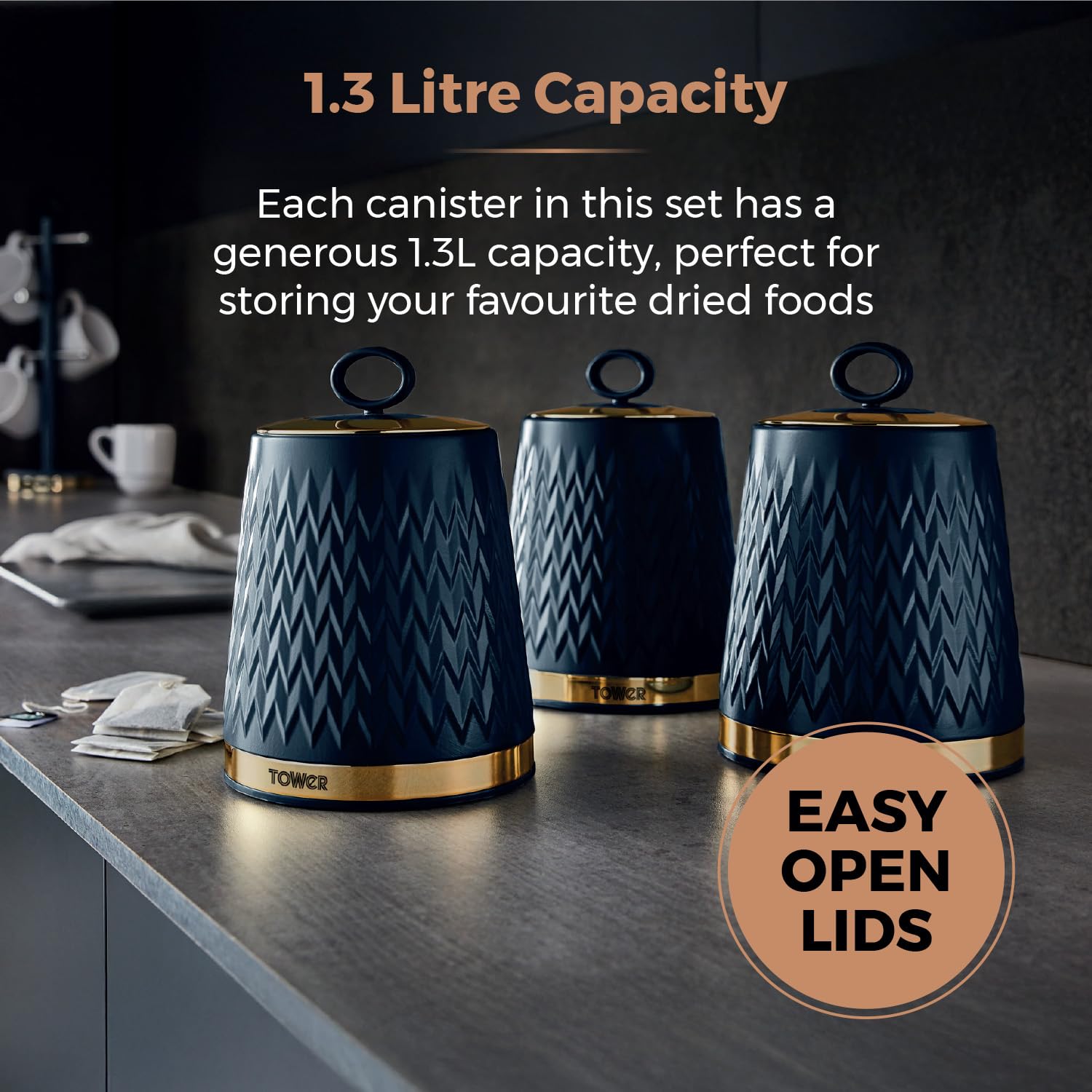 Tower Empire Kitchen Storage Canisters - Set of 3 for Tea, Coffee, Sugar | 1.3L Capacity | Midnight Blue 5