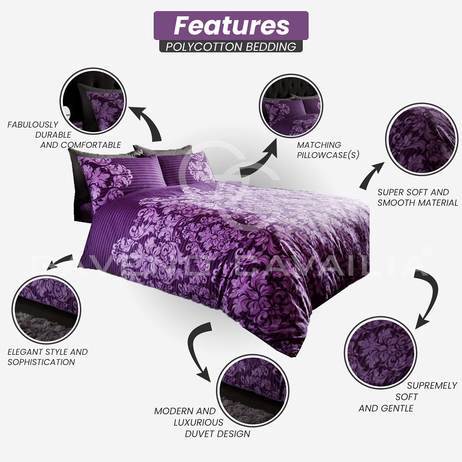 GC GAVENO CAVAILIA Damask Floral Double Duvet Cover Set | 50% Cotton/50% Polyester | Purple 2
