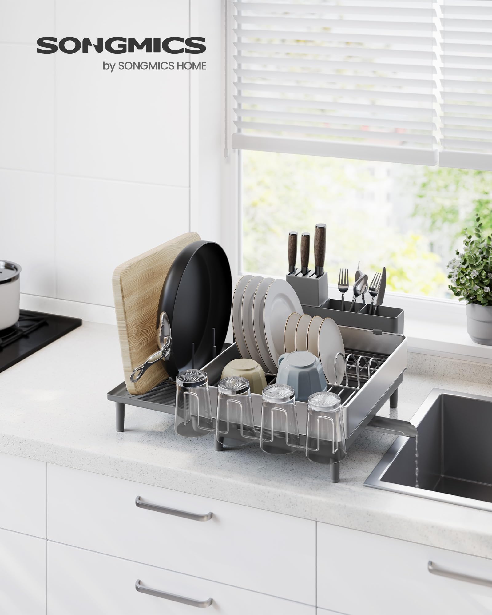 SONGMICS Expandable Dish Drainer Rack - Stainless Steel, Rust Resistant, Adjustable Spout | Silver + Grey 2