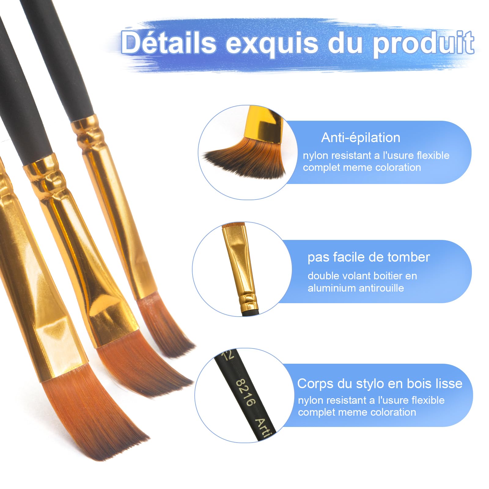 elzle Acrylic Paint Brushes Set - 12 Pcs Nylon Art Brushes with Wooden Handles for Watercolor & Oil Painting 3