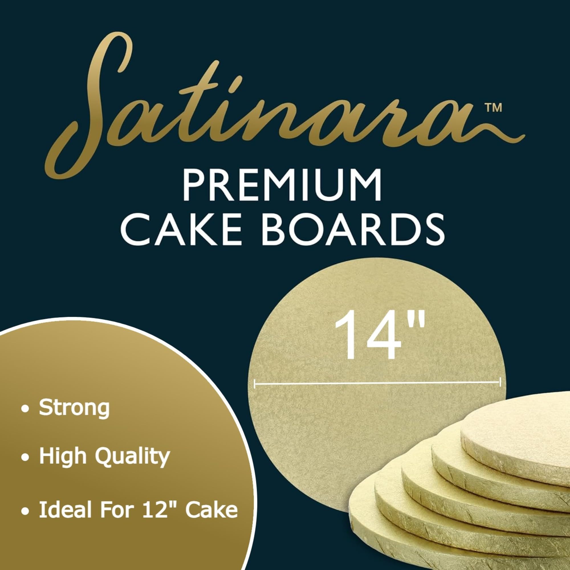 Satinara Cake Board - 14 Inch Round Cake Drum | 12mm Thick, Pale Gold Foil | Handmade in UK 2
