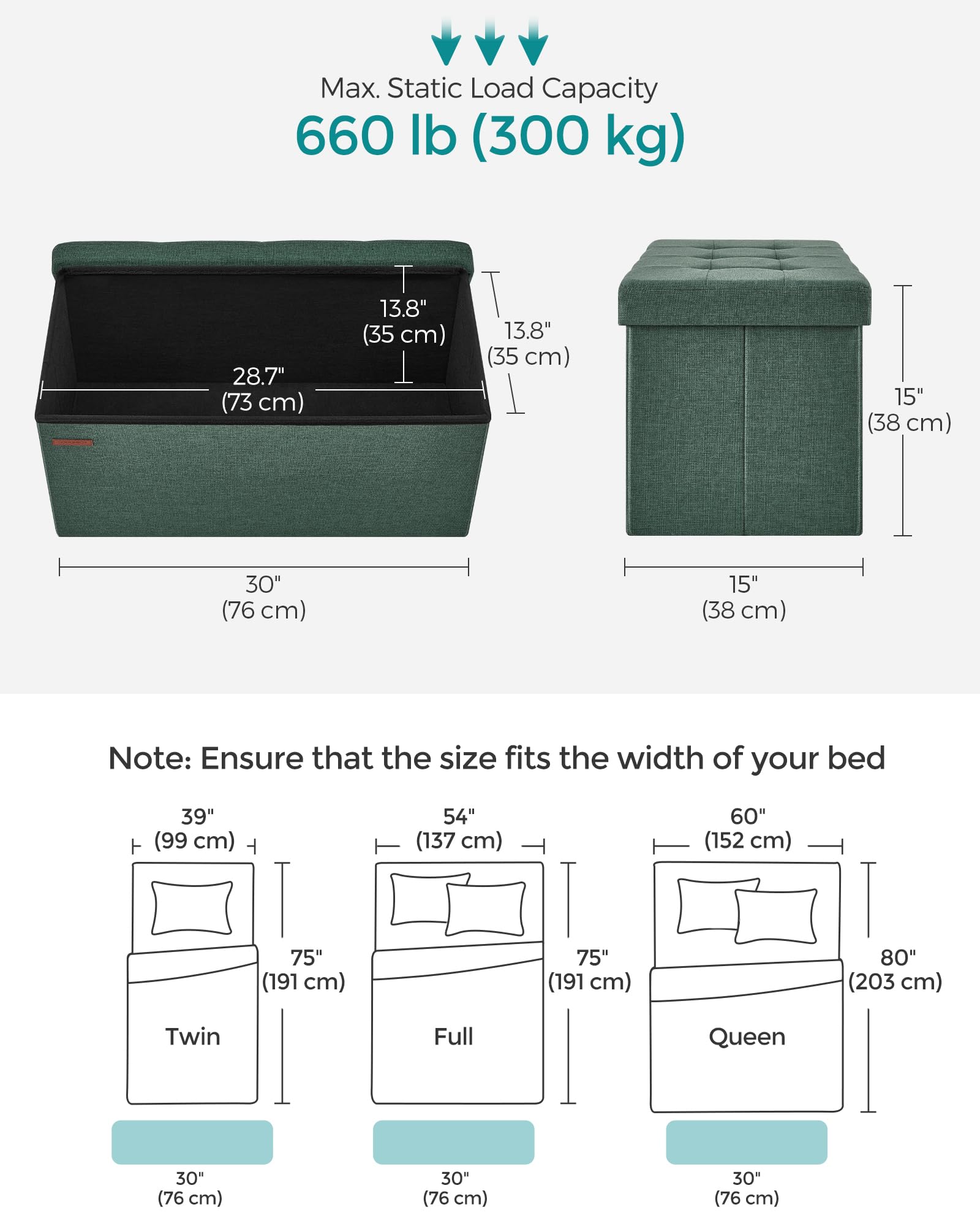 SONGMICS MAZIE Storage Ottoman Bench - 76 cm Wide | Retro Green | 300 kg Load Capacity 3