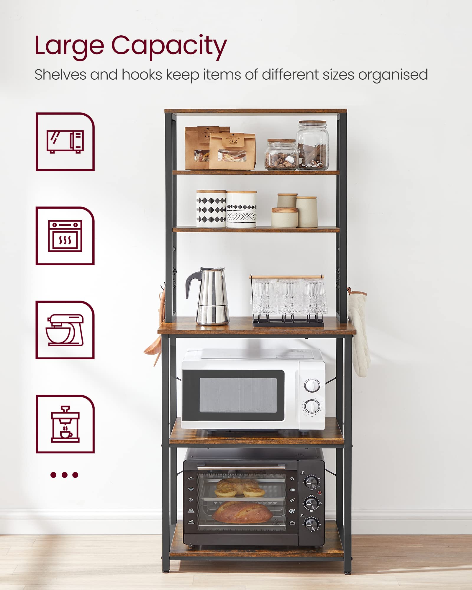 VASAGLE Kitchen Storage Rack - 6 Shelves, 40 x 60 x 167 cm, Rustic Brown + Black 5