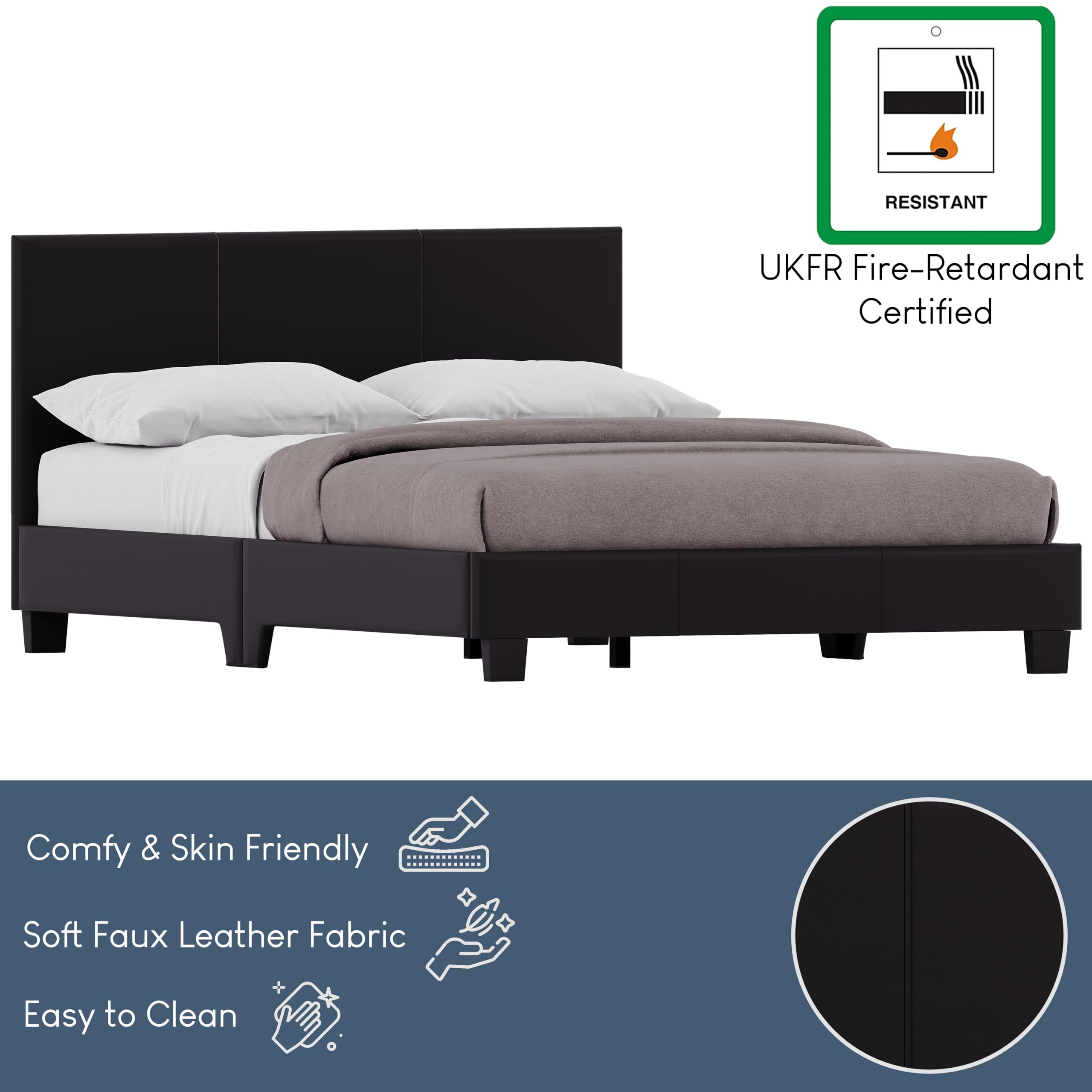 Vida Designs Lisbon Upholstered Bed Frame - Small Double 4ft | Black Faux Leather | Low Foot End 3