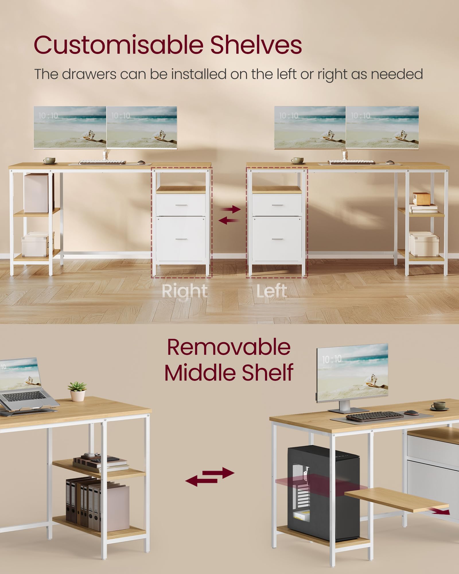 VASAGLE Computer Desk with 3 Shelves & 2 Drawers | 140 x 60 cm | Natural Oak + Pearl White 5