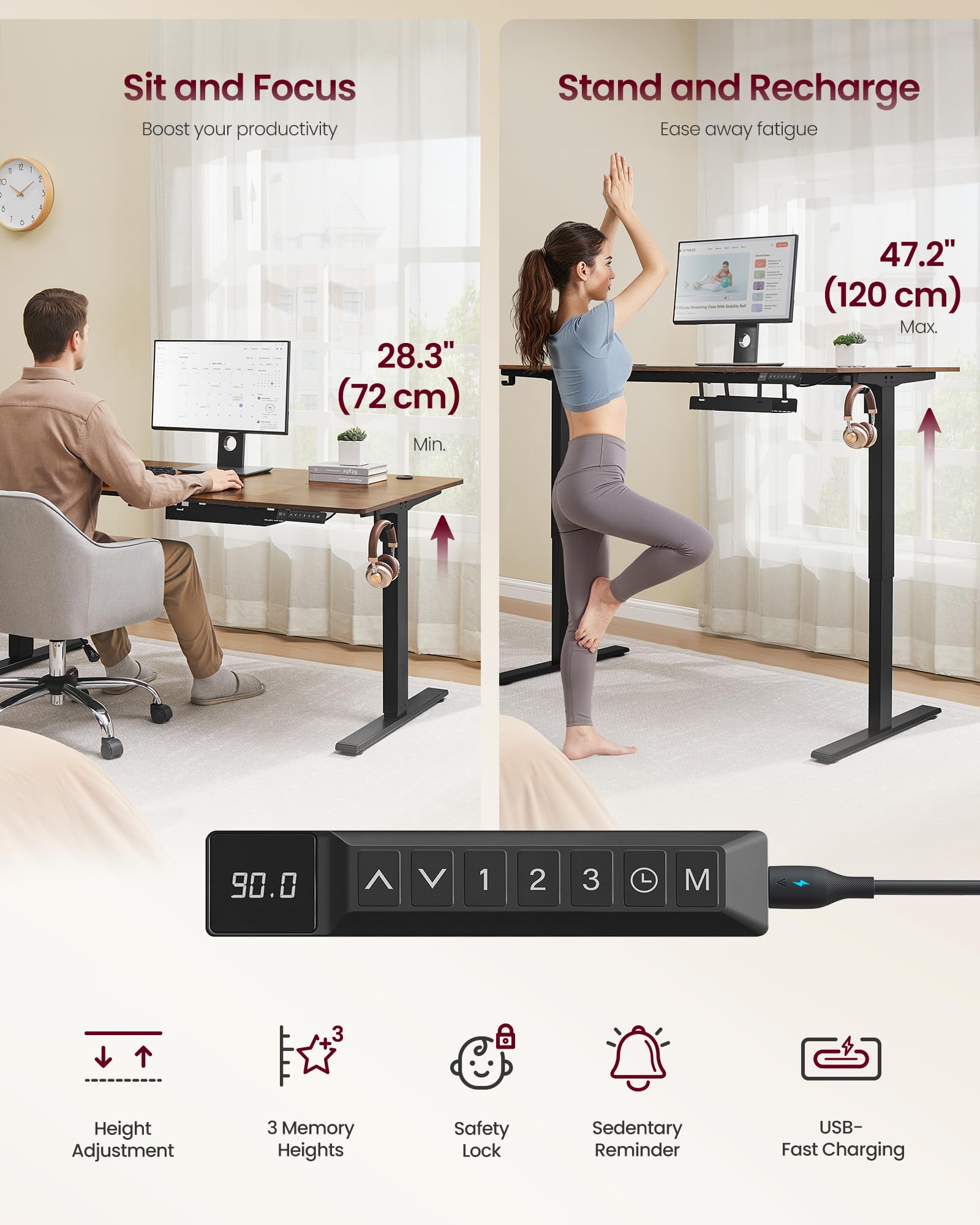 VASAGLE Electric Standing Desk - 160 x 80 cm Desktop | USB-C Port | Height Memory Presets 6