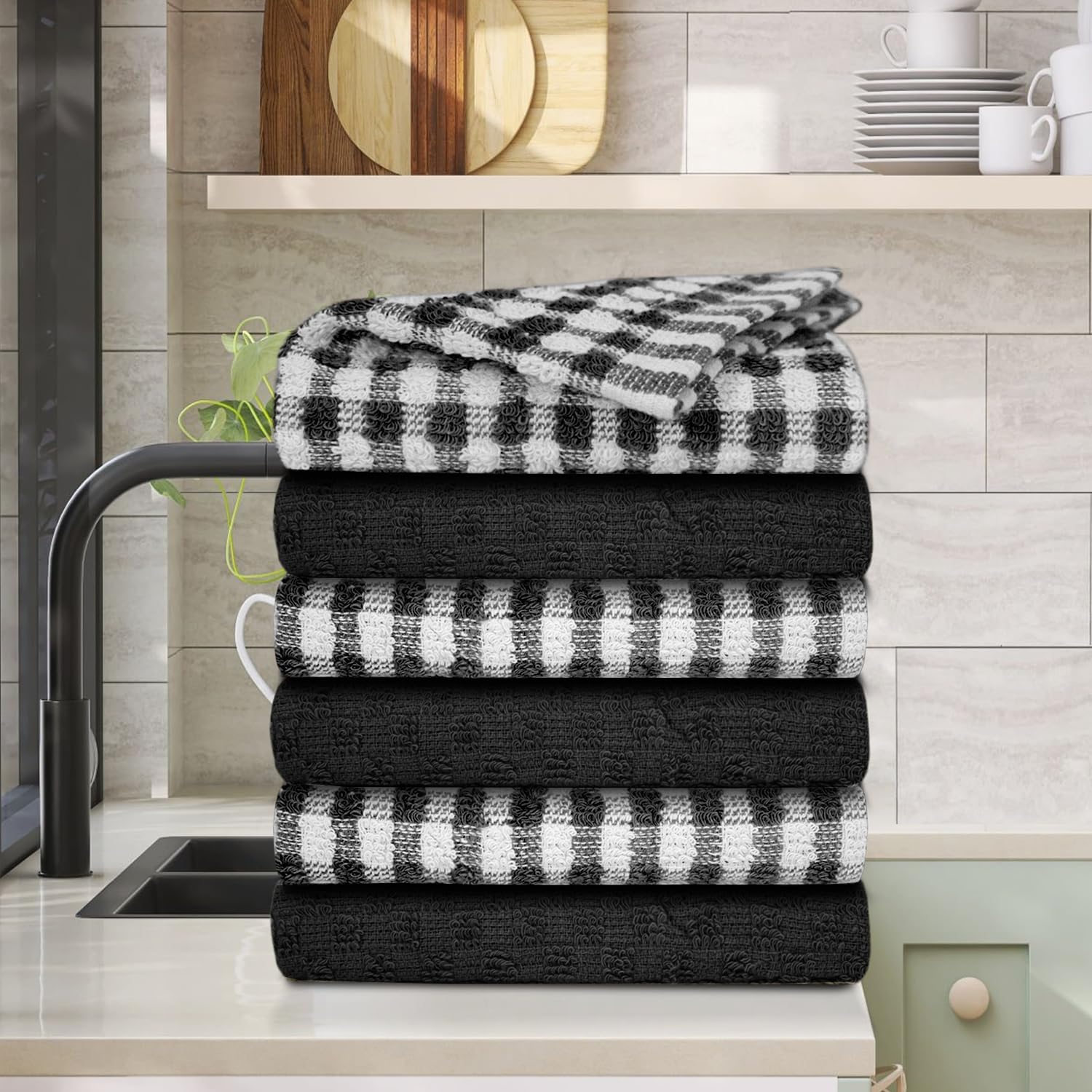 Casabella Pack of 6 Terry Cotton Kitchen Tea Towels - Black | Highly Absorbent | 45x65cm 8