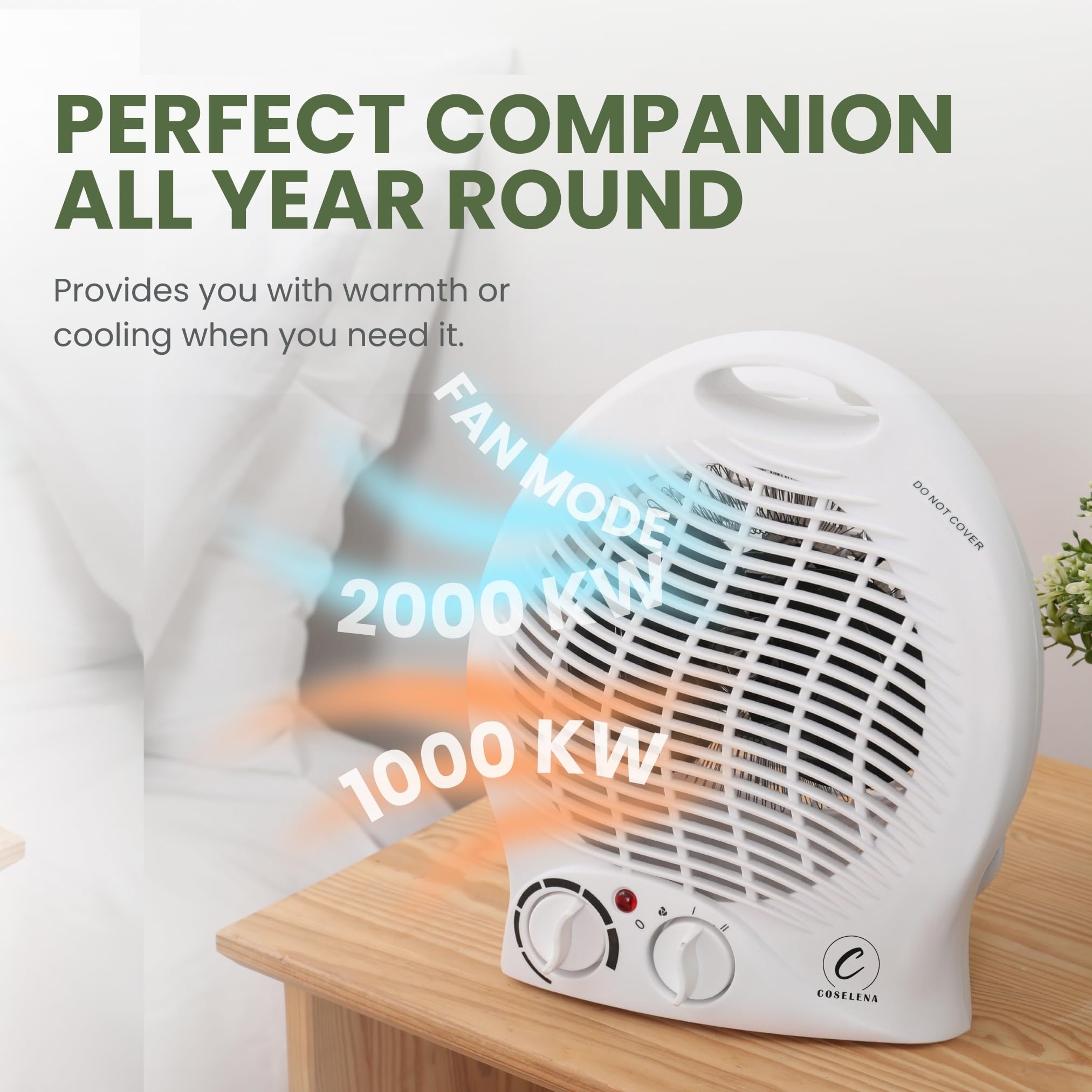 Coselena 2KW Electric Fan Heater with 2 Heat Settings, Adjustable Thermostat, and Frost Watch Protection 2