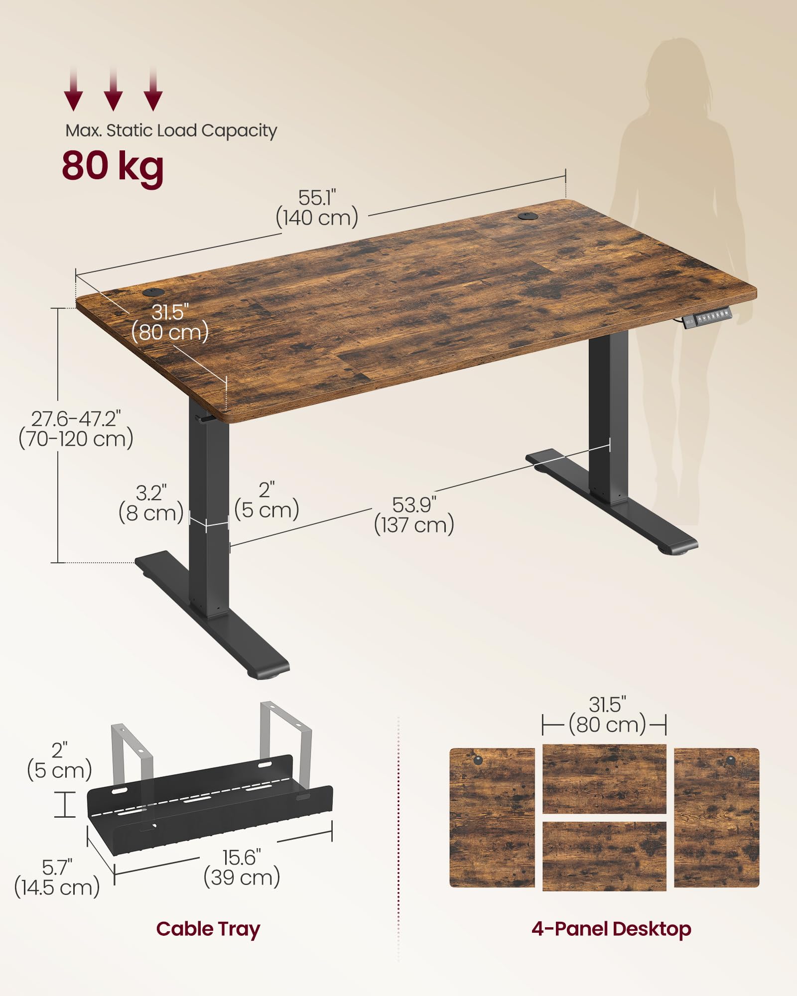 VASAGLE Electric Standing Desk - Spacious 140x80cm Desktop | USB-C Port | Quiet Lift 72-120cm 3