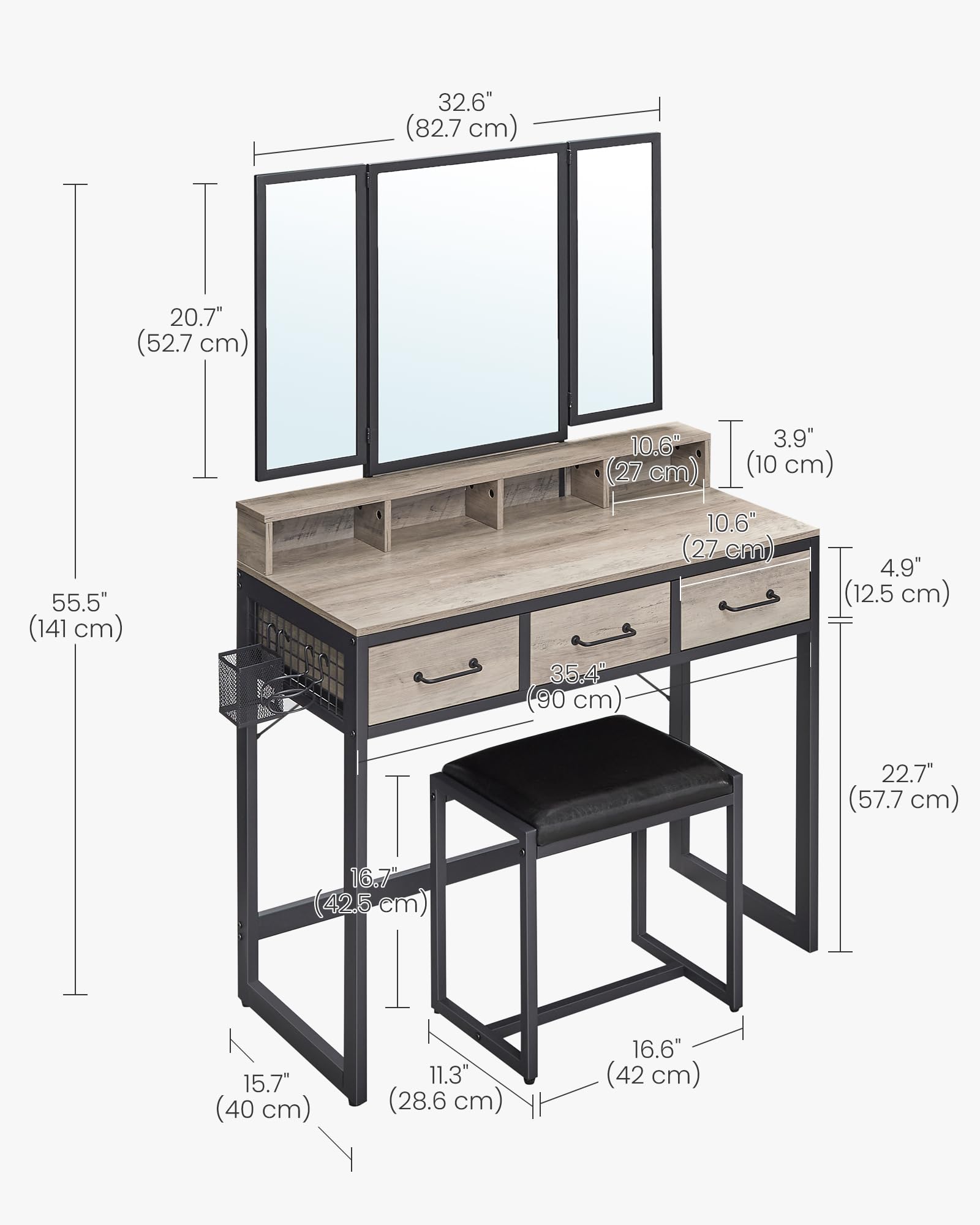 VASAGLE Industrial Design Dressing Table with 3-Piece Folding Mirror and Padded Stool | 3 Drawers | Greige/Black 7