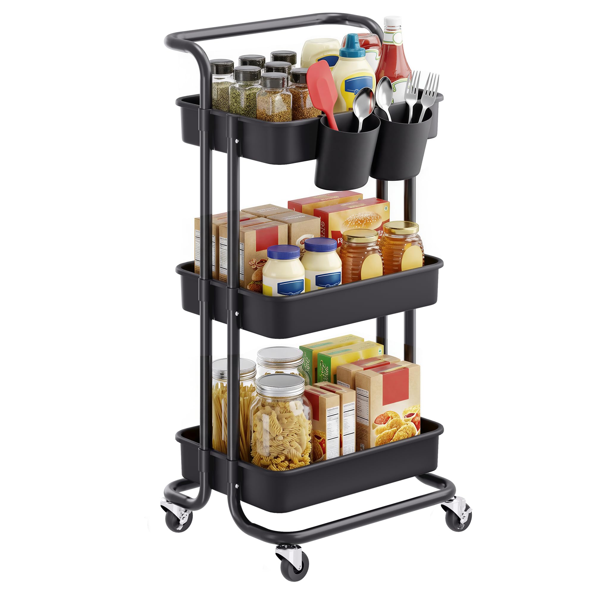 SONGMICS Rolling Cart - 3-Tier Storage with Handle | 2 Organizers | Black/White