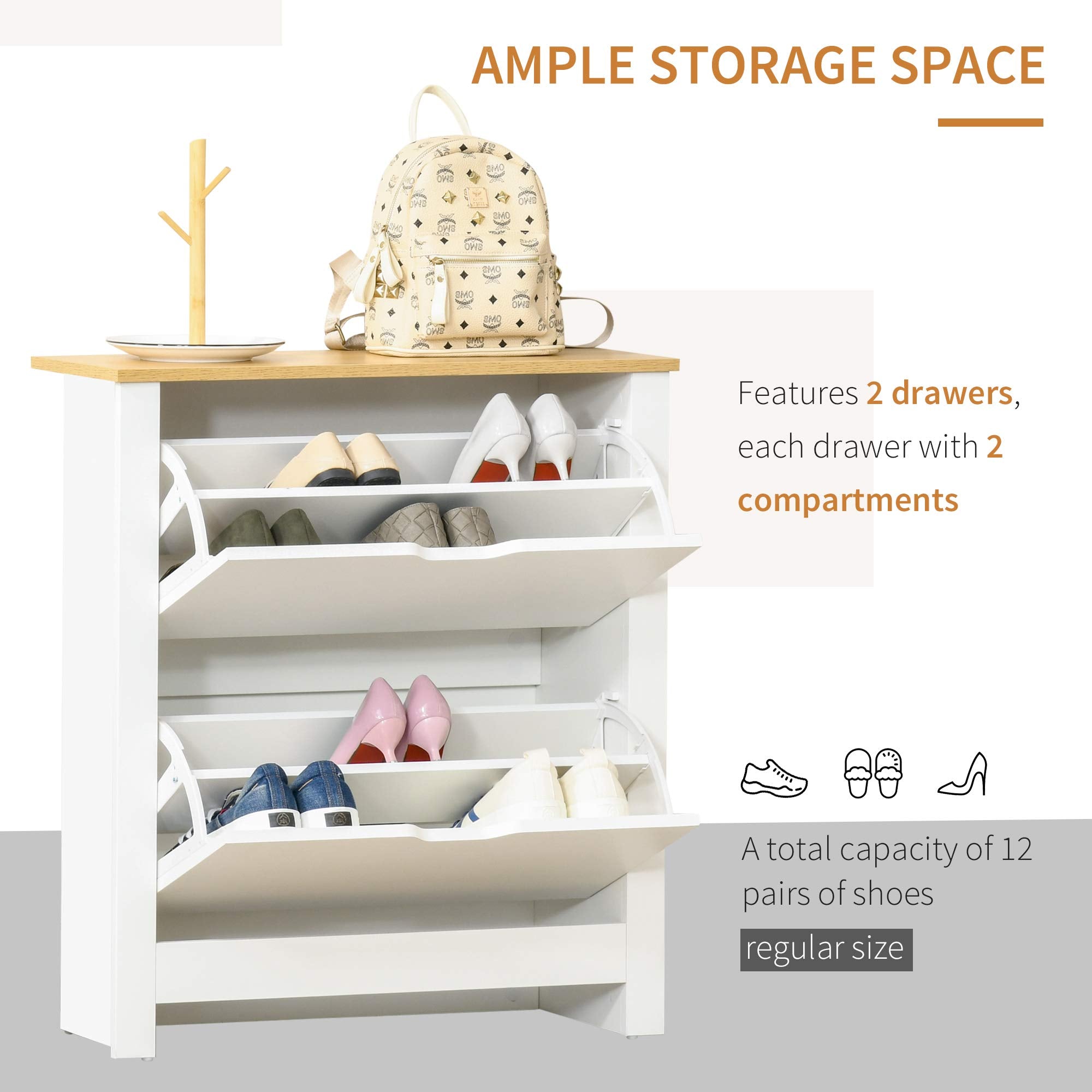 HOMCOM Narrow Shoe Cabinet - Space Saving Storage | 2 Flip Drawers | White 4