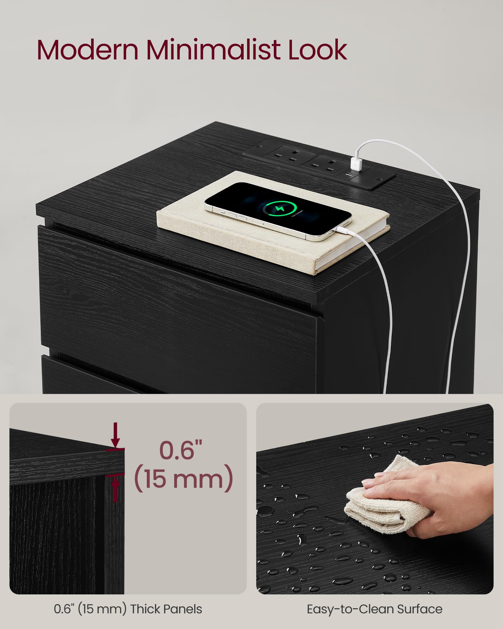 VASAGLE KAILYN Collection - Bedside Tables with Power Strip, Set of 2 | Ebony Black 7