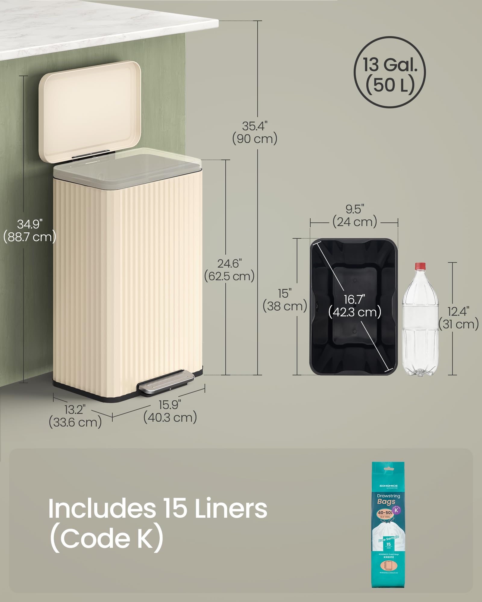 SONGMICS 50 L Kitchen Bin with Pedal | Soft-Close Lid | Cream White Alloy Steel 5