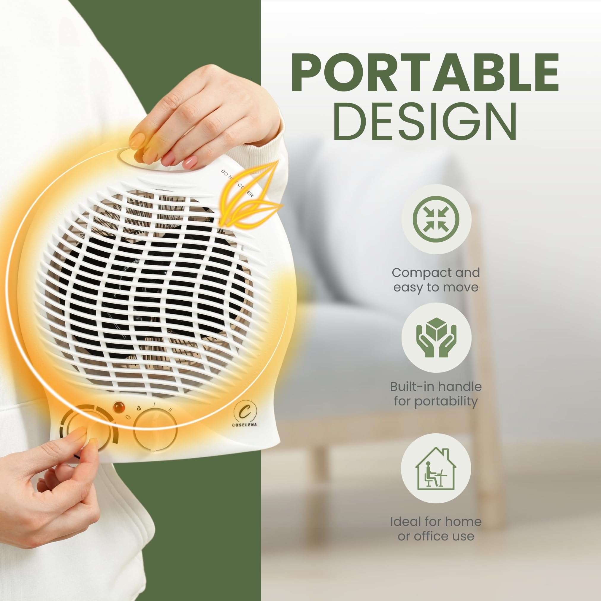Coselena 2KW Electric Fan Heater with 2 Heat Settings, Adjustable Thermostat, and Frost Watch Protection 5