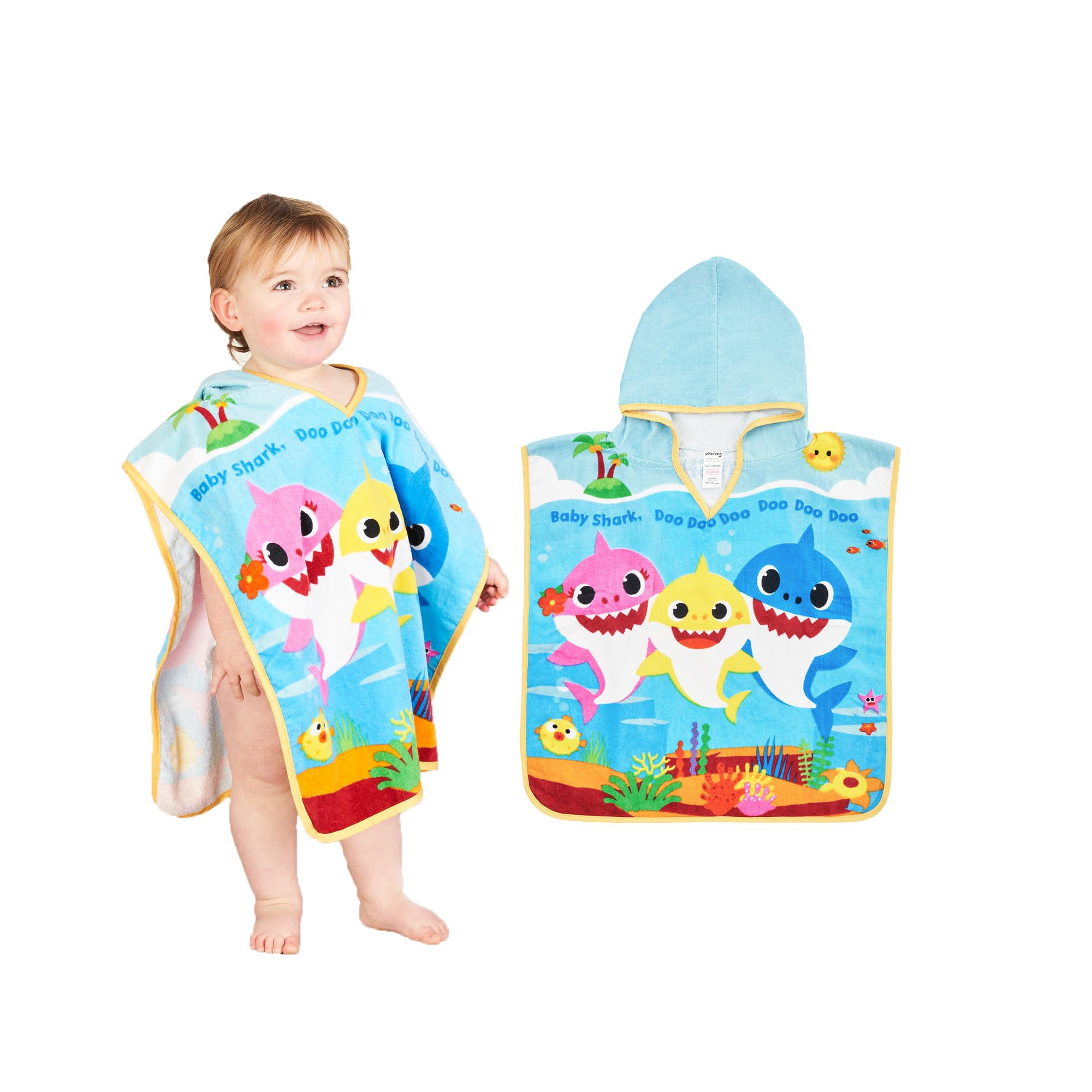 Baby Shark Hooded Poncho Towel - 100% Cotton Terry | 50 x 50cm | Ages 12M+ 1
