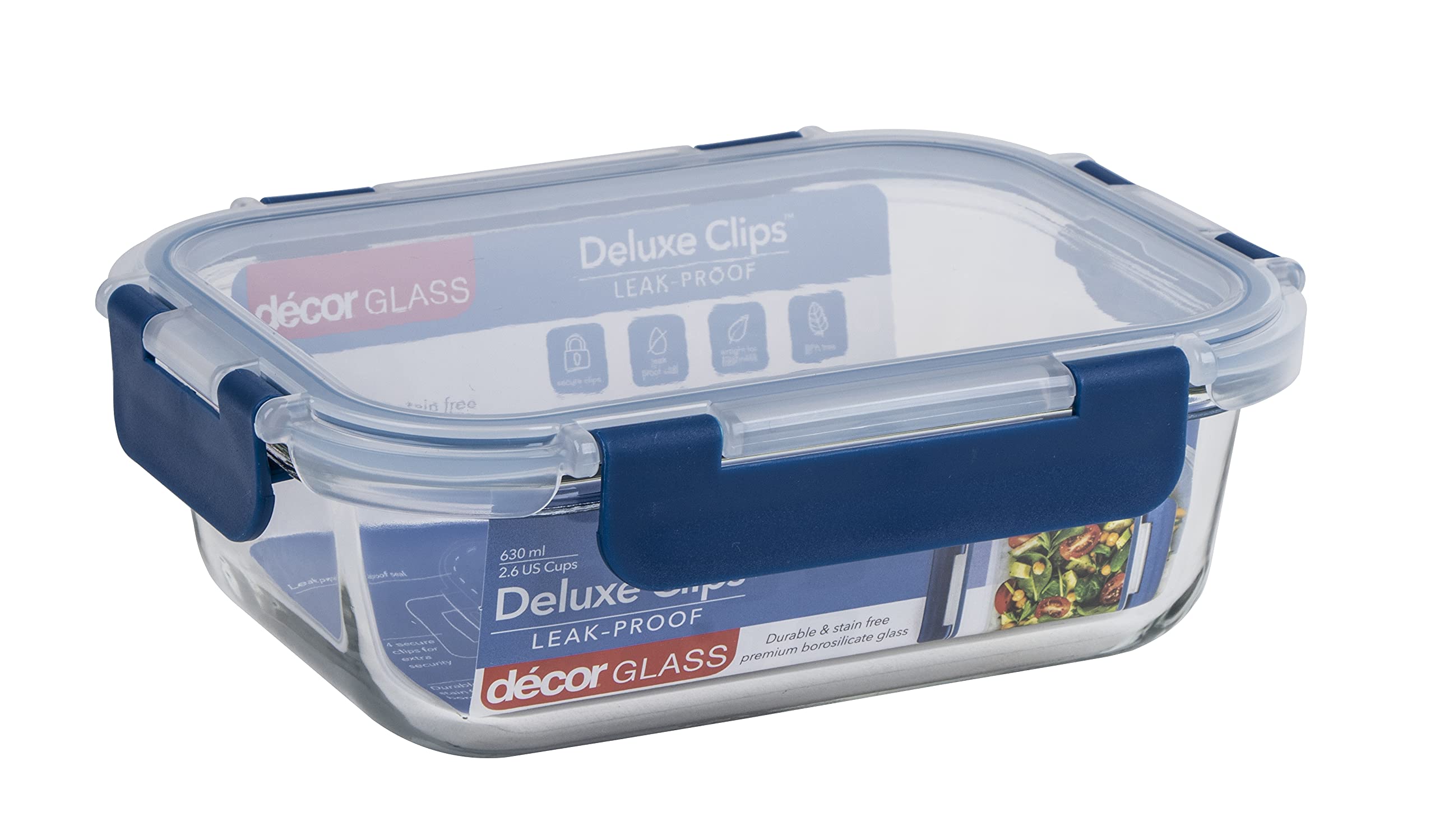 Décor Deluxe Clips Glass Food Storage Container - 630ml, Split Compartment, Leakproof, BPA Free