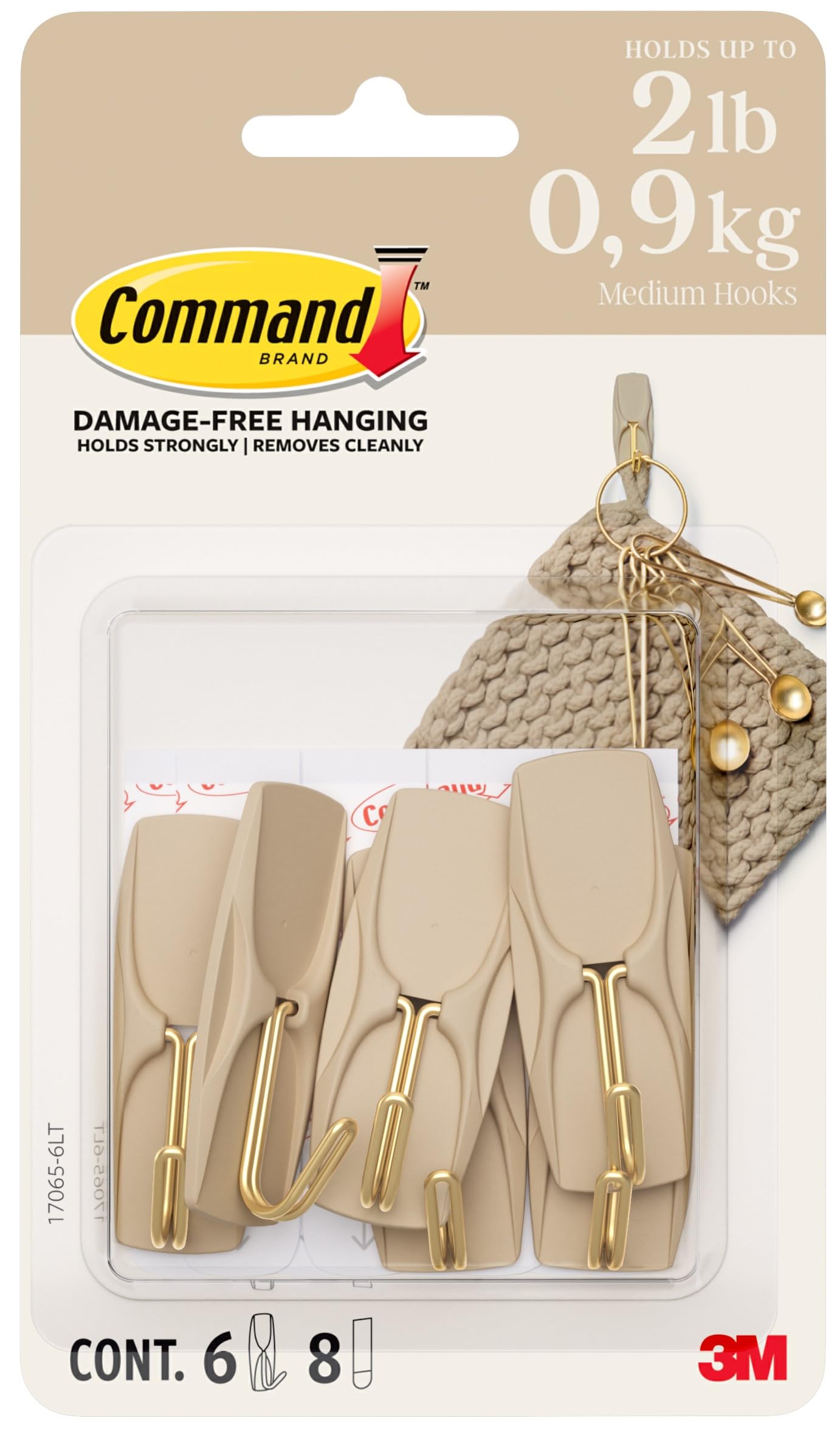 Command Medium Wire Hooks - Damage-Free Hanging | Holds 900g | Latte Brown | 6 Hooks, 8 Strips 1