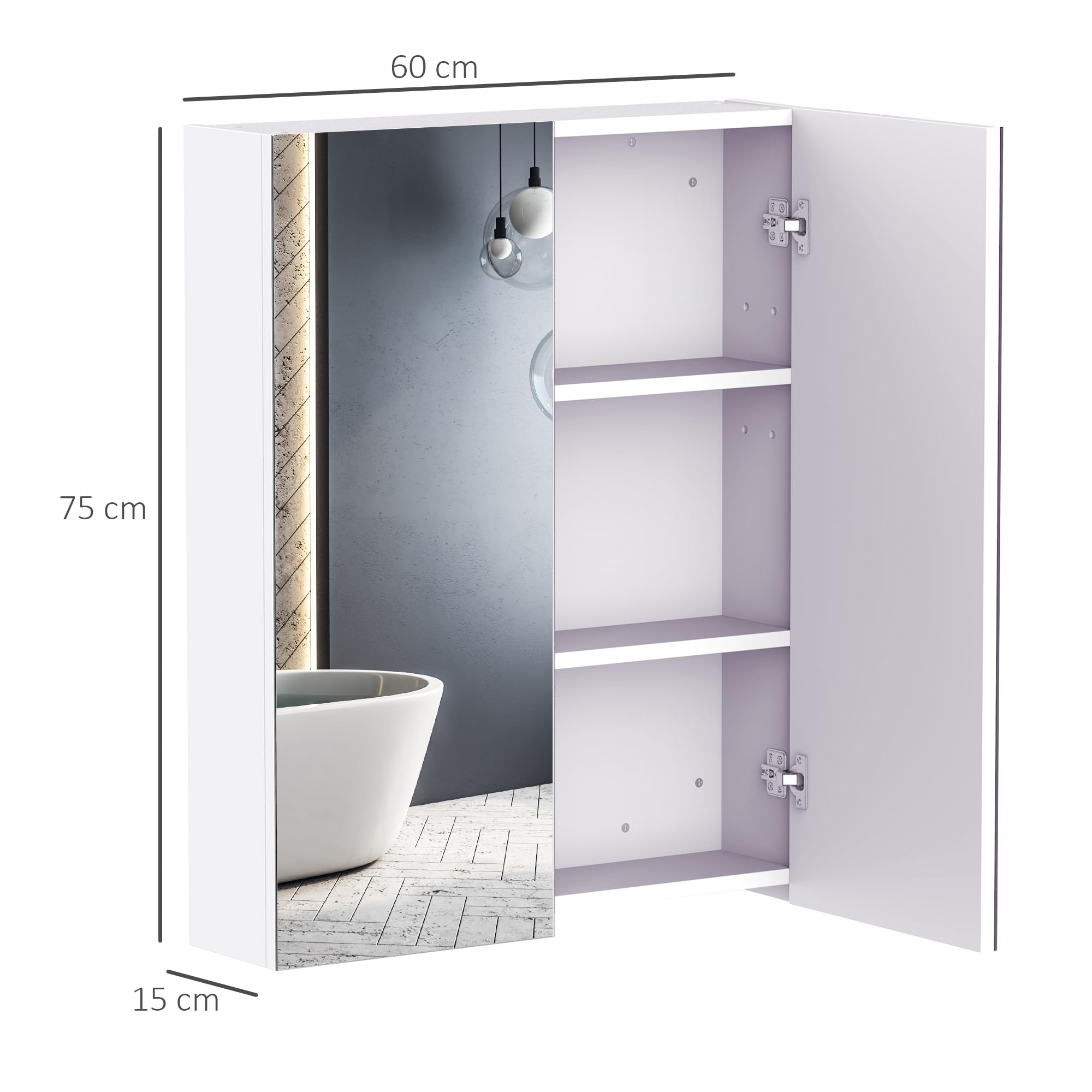 HOMCOM Wall Mount Bathroom Mirror Cabinet with Adjustable Shelf | White MDF | 60W x 15D x 75H cm 7