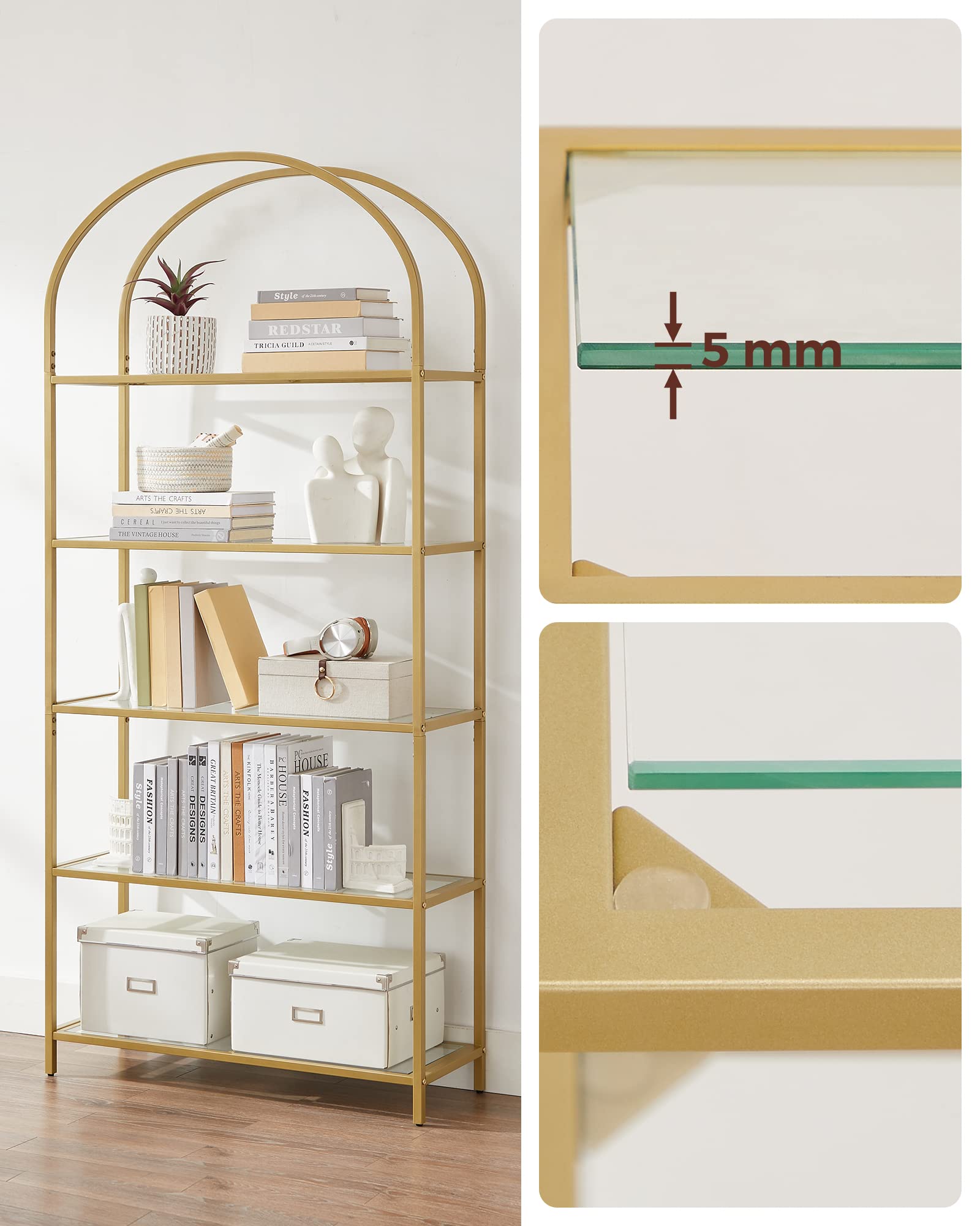 VASAGLE 5 Tier Shelving Unit - Tempered Glass Shelves | Gold Steel Frame | 83W cm 6