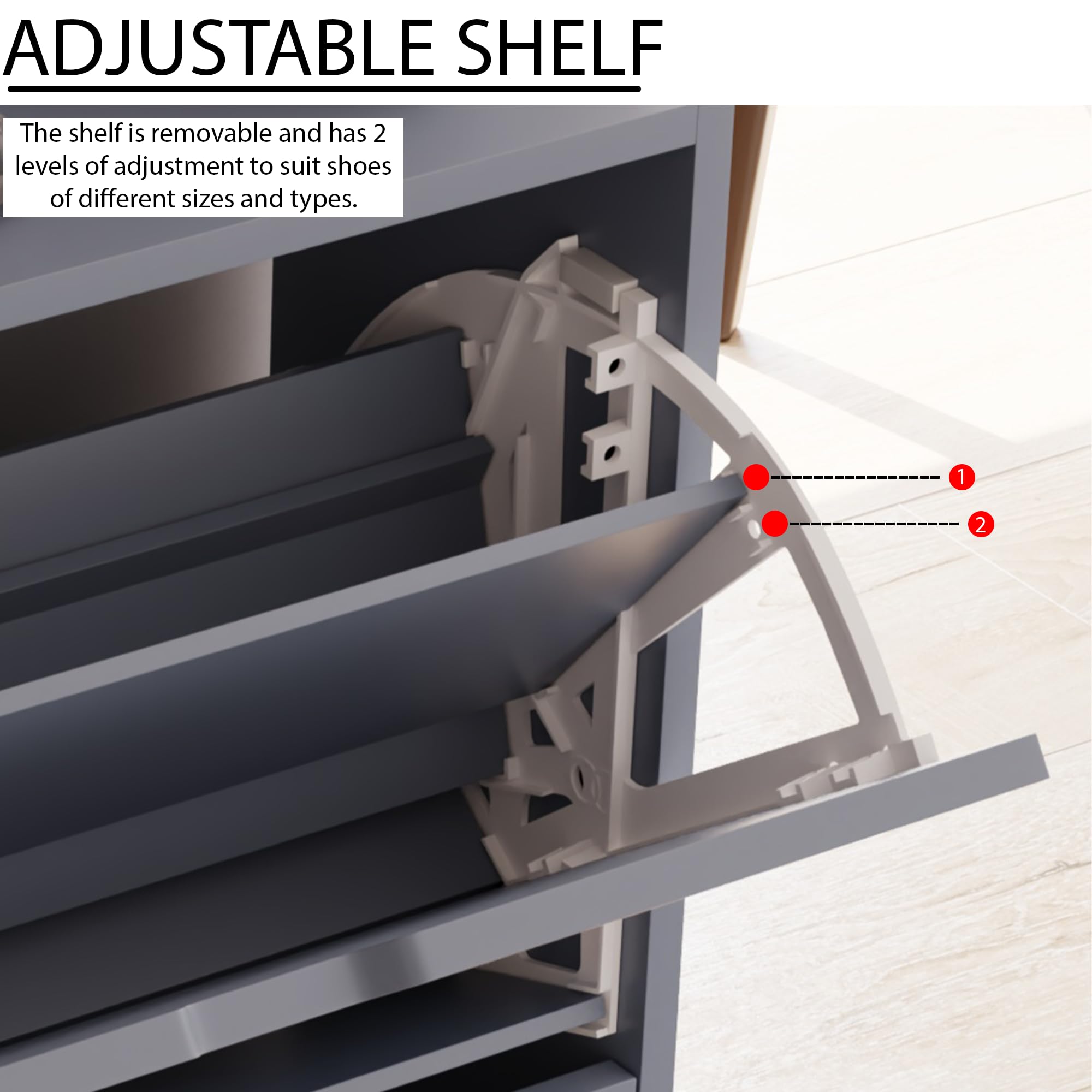 Vida Designs Wooden Shoe Cabinet - 2 Flip Drawers | Space-Saving Slim Design | Grey 6