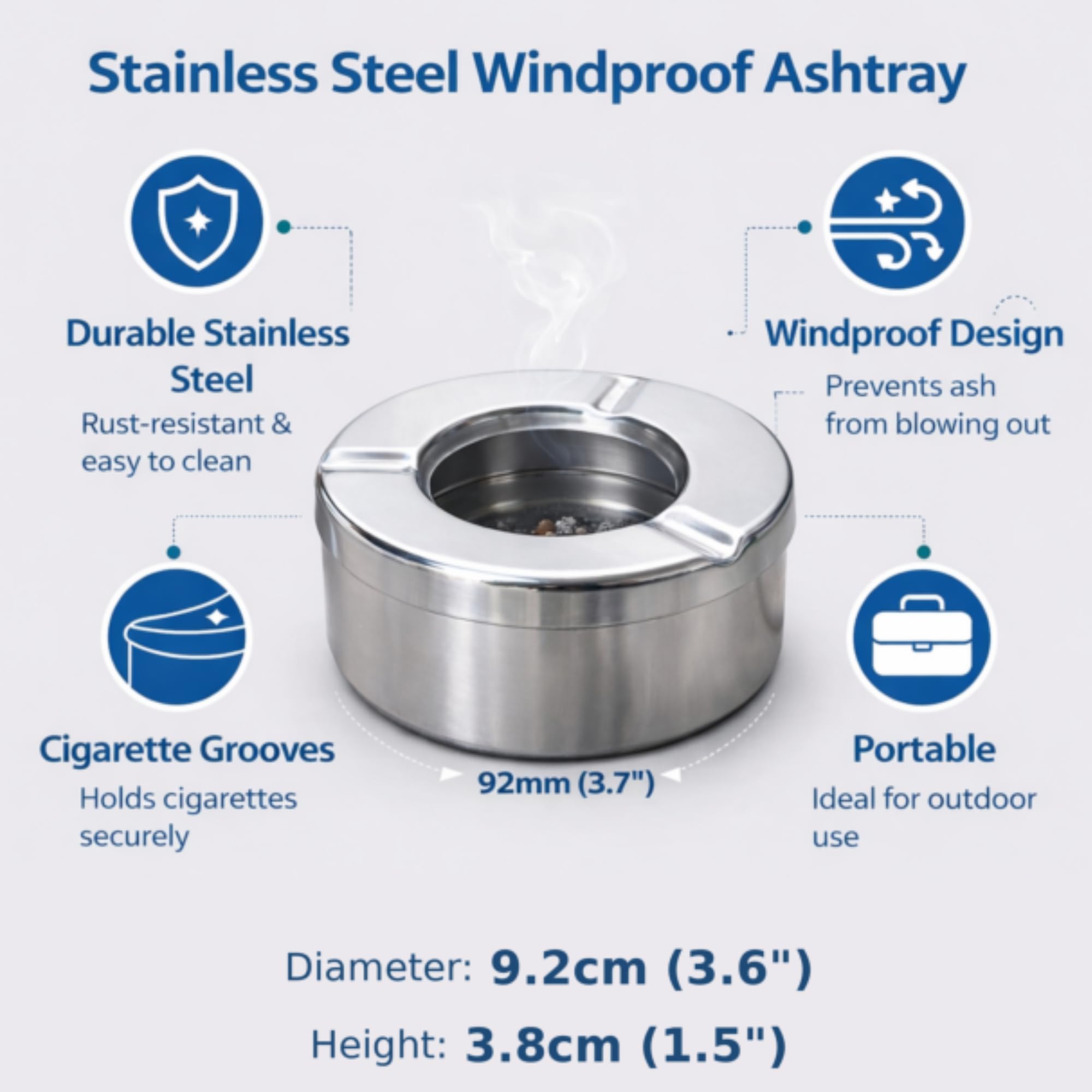 bar@drinkstuff Windproof Stainless Steel Ashtray with Lid | Compact | 9.2cm Diameter 2