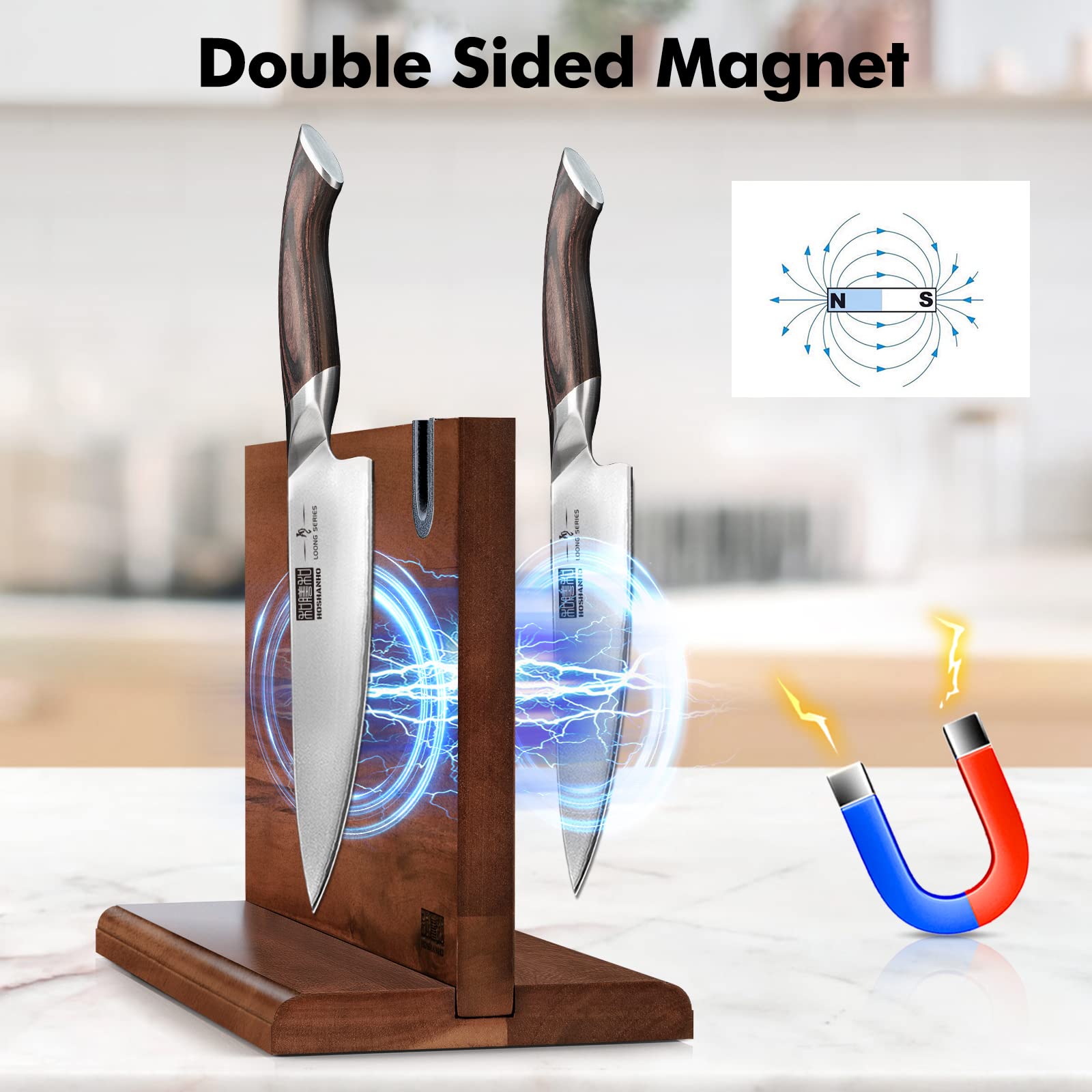 HOSHANHO Magnetic Knife Block - Double Sided, 14x10 Inches, Acacia Wood | Includes Whetstone 2