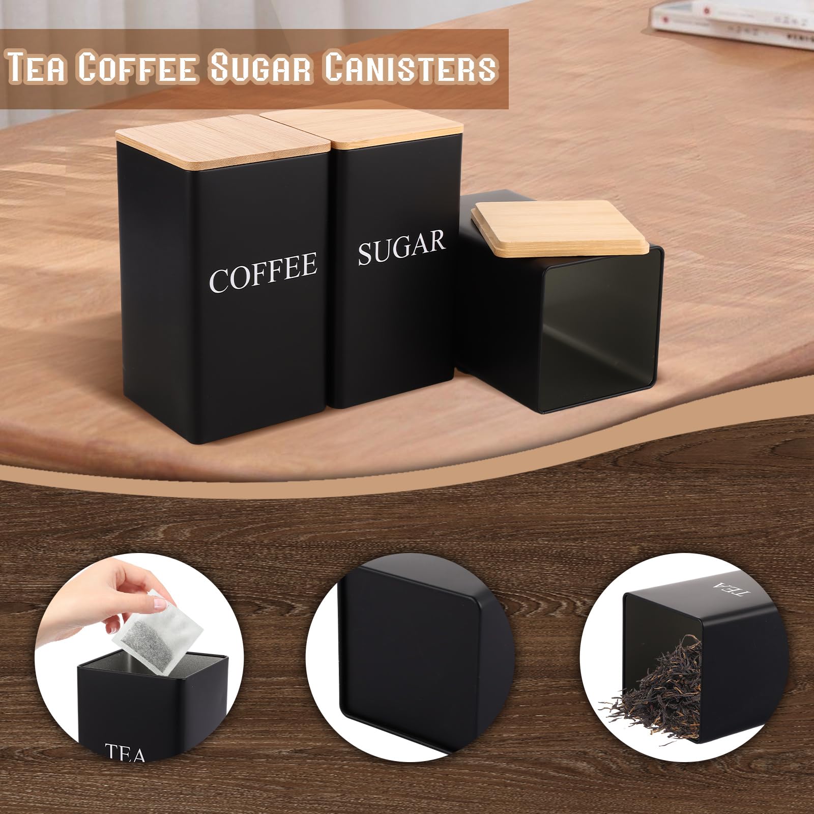 ASelected 3-Piece Metal Canister Set - 1L Airtight Storage for Coffee, Tea, Sugar | Square Black 4