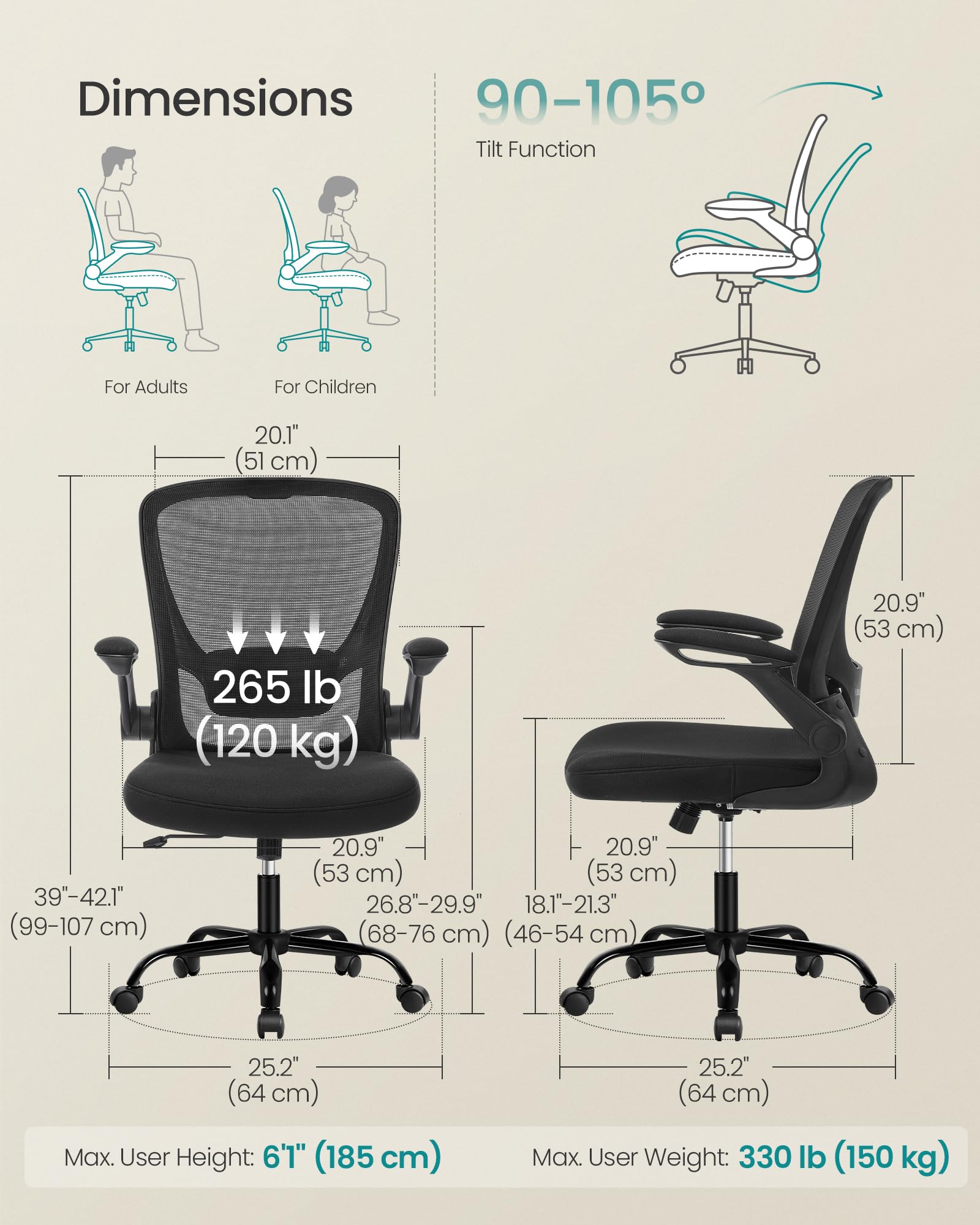 SONGMICS Ergonomic Mesh Back Desk Chair with Adjustable Lumbar Support and Flip-Up Armrests | Black 3