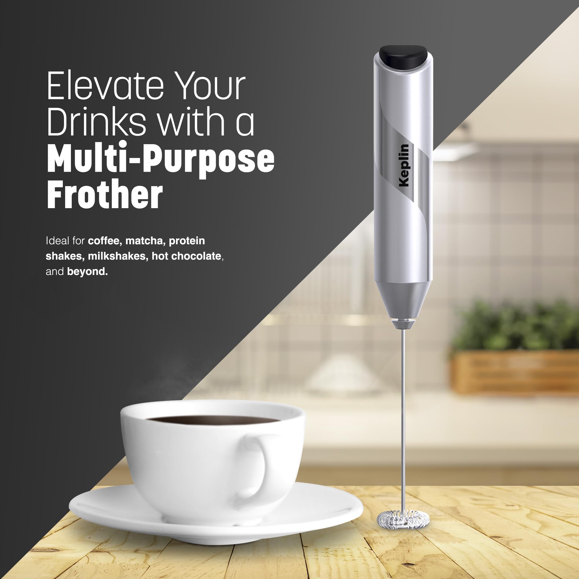 KEPLIN Handheld Milk Frother - Stainless Steel Electric Whisk | Portable | Self-Cleaning