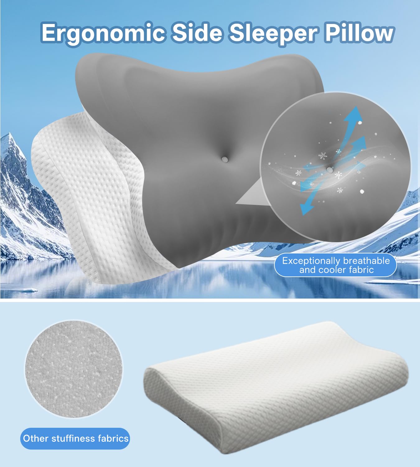 MISSCOZY Ergonomic Snore Relief Pillow HK30001 | Dual Height | CertiPUR-US Memory Foam