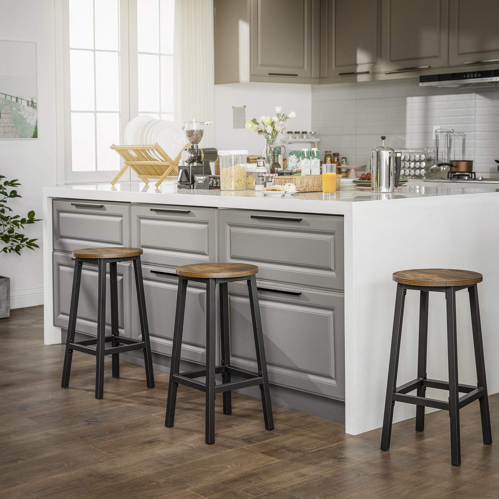 VASAGLE Set of 2 Bar Stools - Industrial Style, Rustic Brown & Black, Steel Frame, 65 cm Height | LBC32X 7
