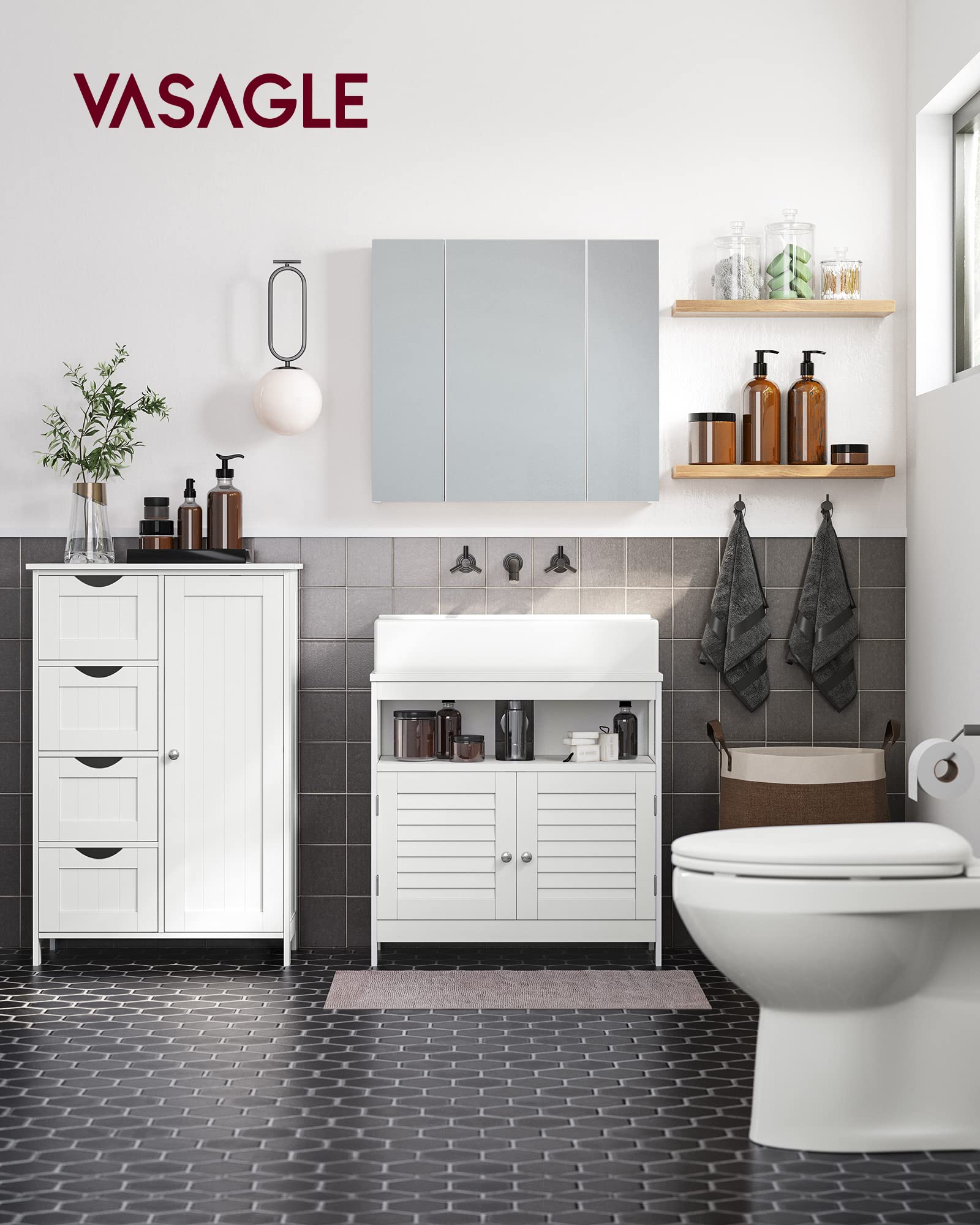 VASAGLE Bathroom Floor Storage Cabinet - 4 Drawers | Adjustable Shelf | Cloud White