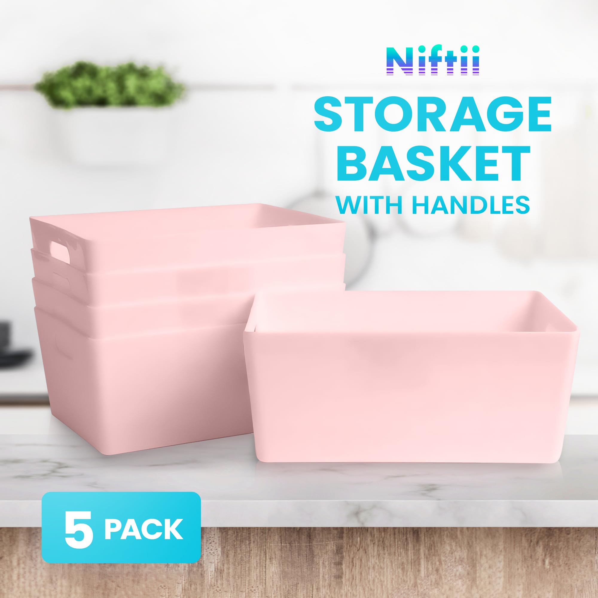 Niftii 5-Pack Plastic Shelf Baskets with Handles | 3.9L Capacity | Pink | Modern Style 3