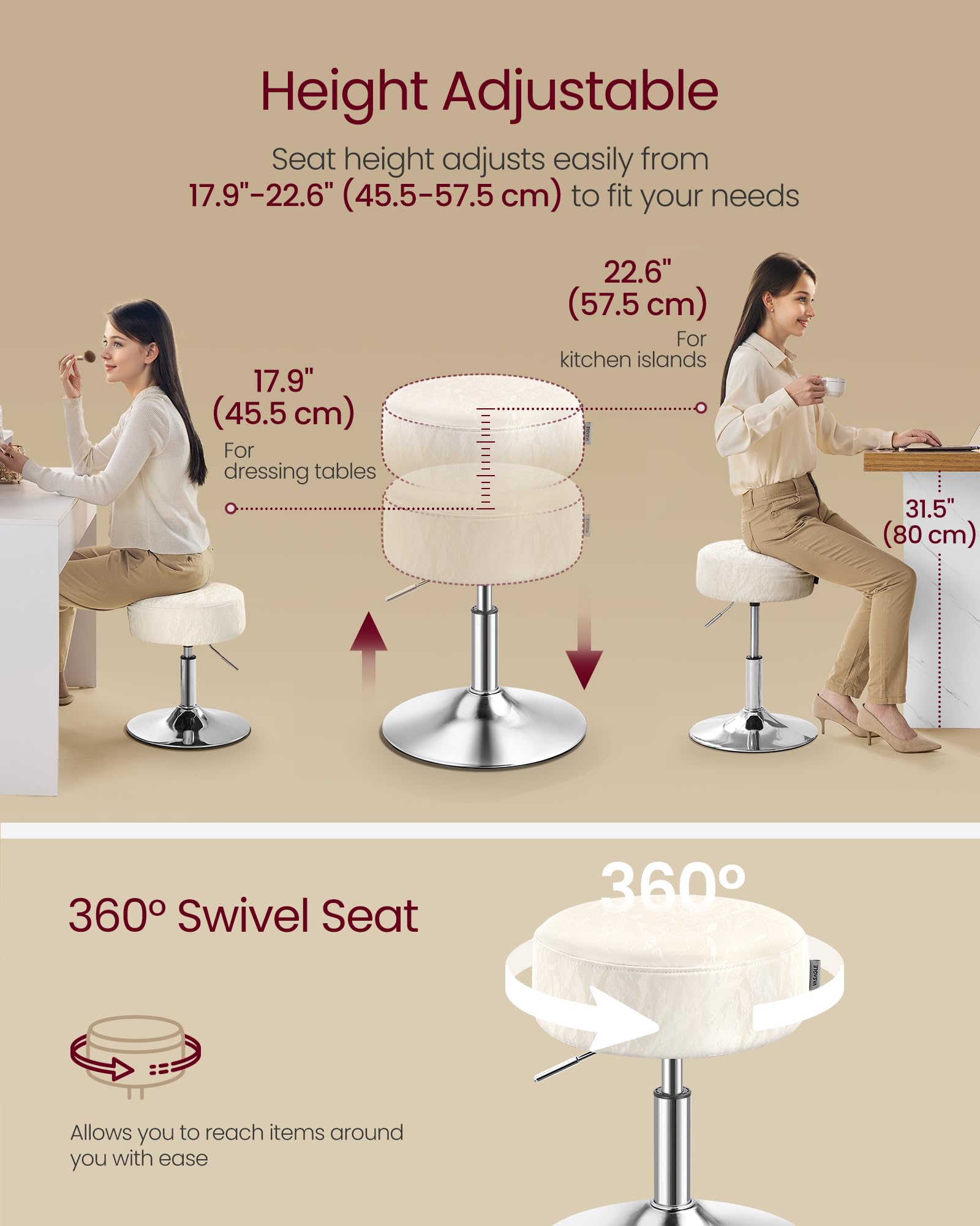 VASAGLE Height Adjustable Makeup Vanity Stool | 35 cm Seat | Cream White PU Leather | Swivel Base 6
