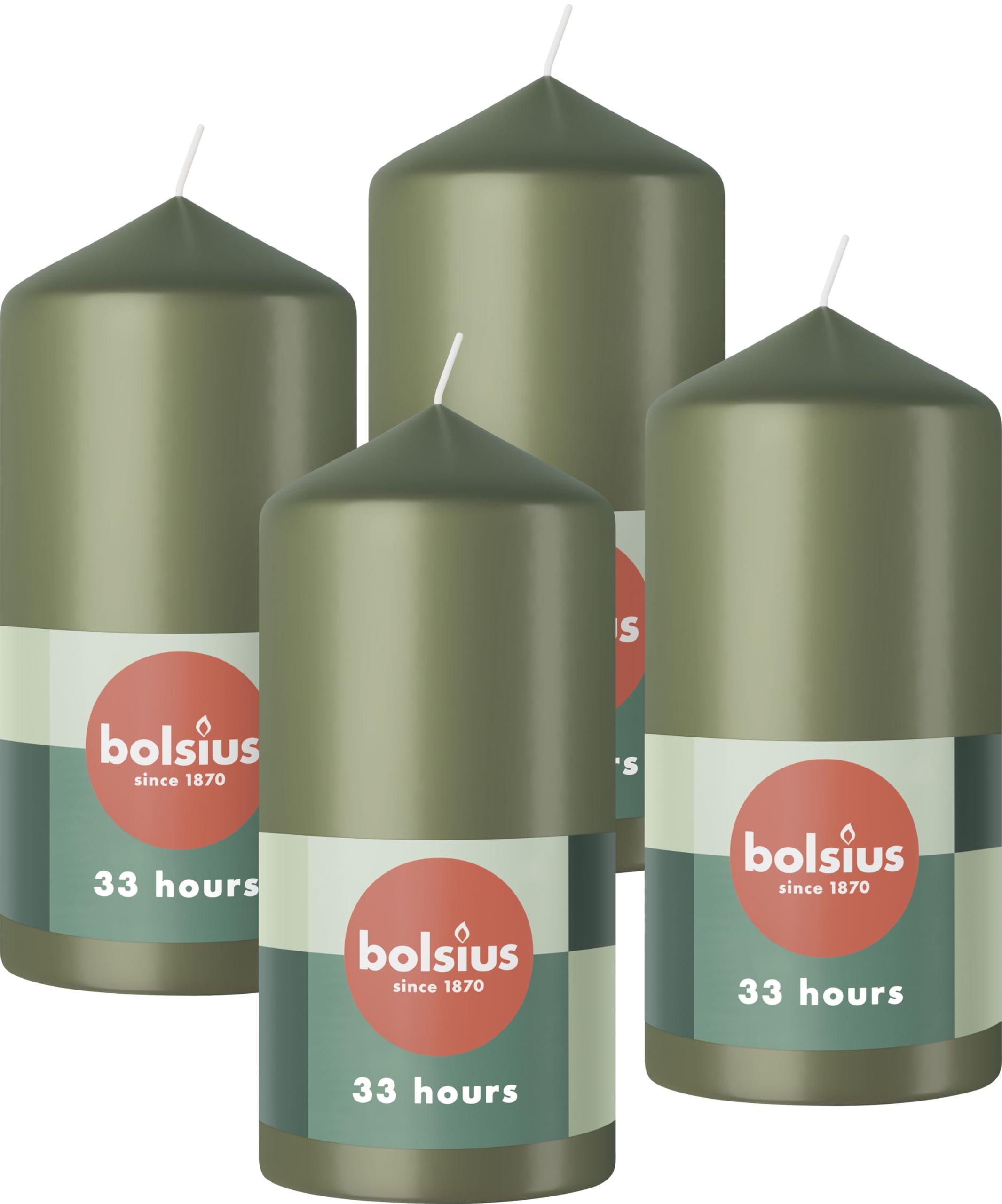 BOLSIUS Pillar Candles - Green - 4-Pack | 12 x 6 cm | 33 Hours Burn Time | Unscented