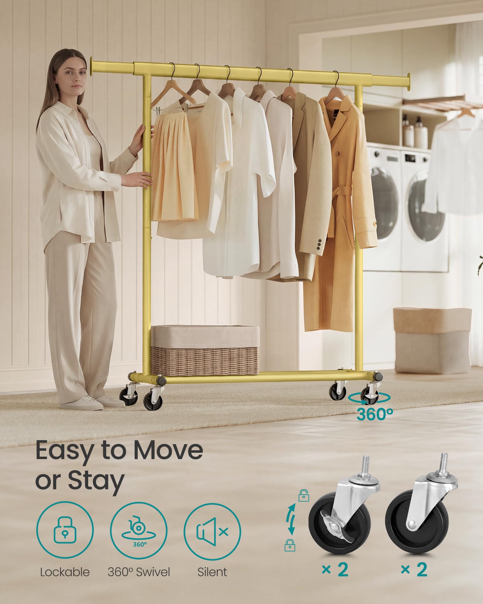 SONGMICS Heavy Duty Clothes Rack on Wheels | 100 kg Capacity | Extendable Rail (92-132 cm) | Pale Gold 6