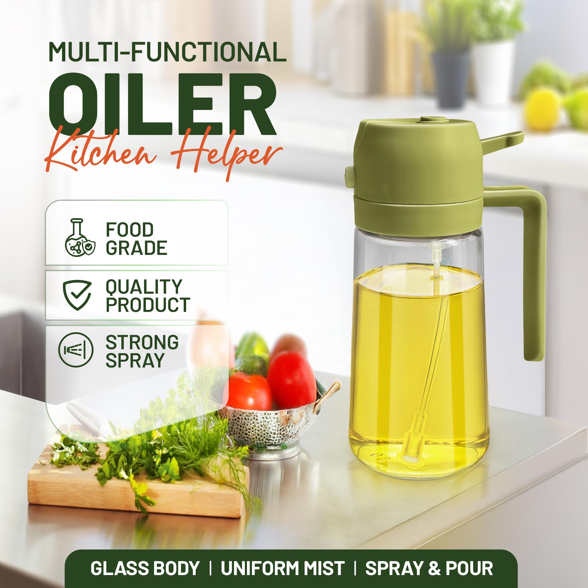 PORTENTUM 17oz Oil Spray Bottle - 2 in 1 Olive Oil Dispenser for Cooking, Grilling, Frying | Green Glass 5