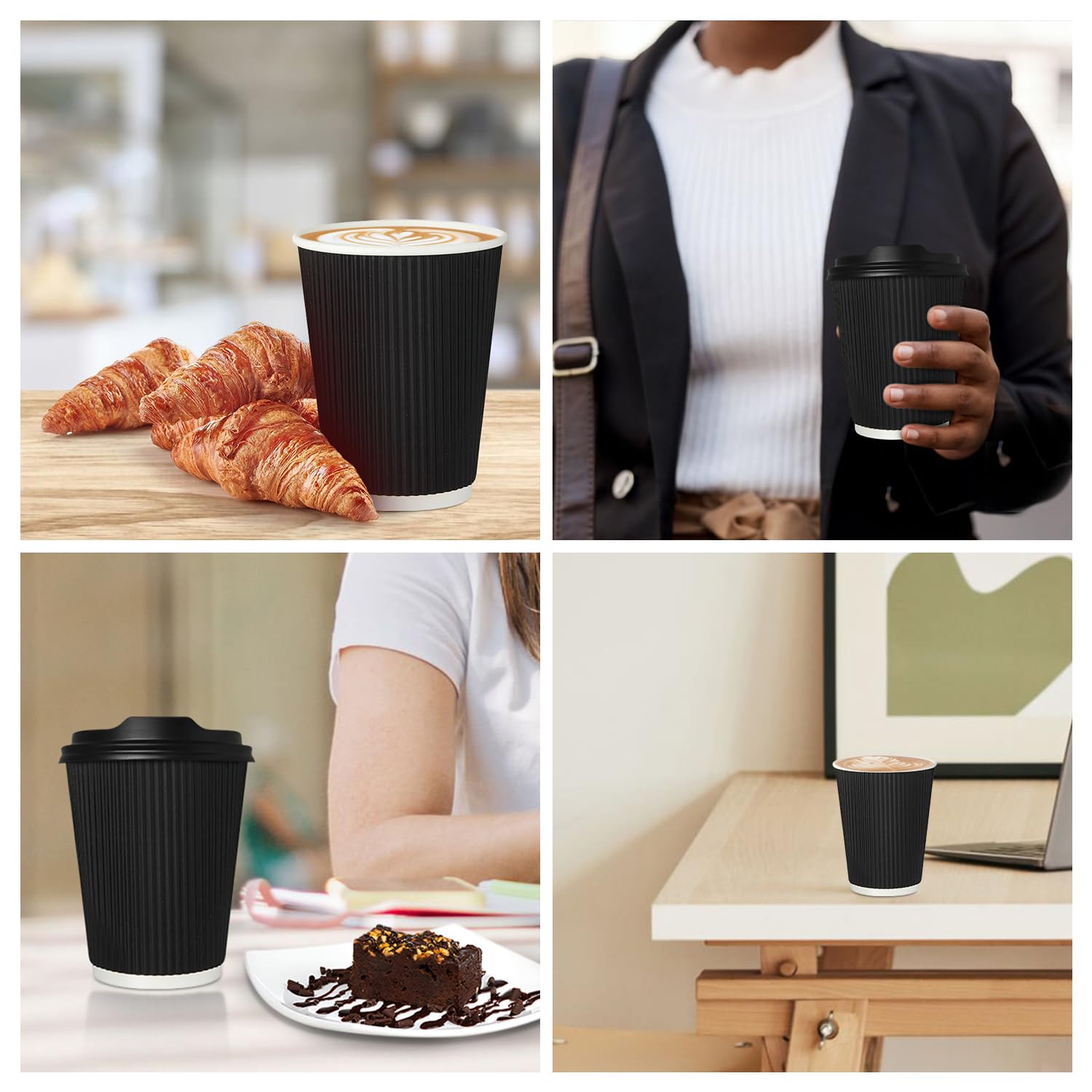 Zuvo Triple Wall Insulated Coffee Cups with Lids - 50 Pack, 12 Oz, Black Kraft Paper 5