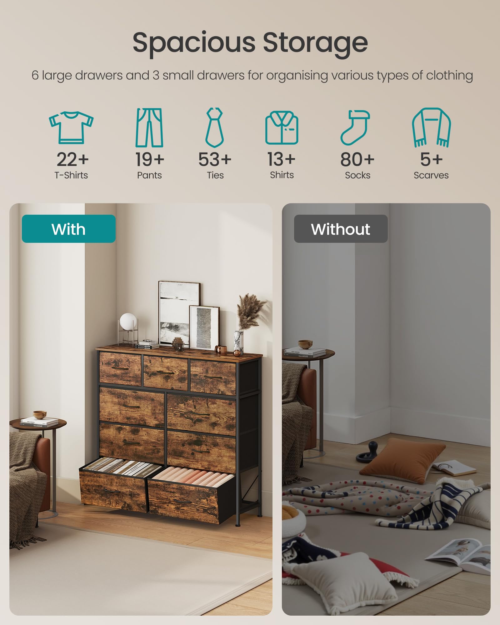 SONGMICS Chest of Drawers - 9 Storage Drawers | Steel Frame | Rustic Brown & Ink Black 4