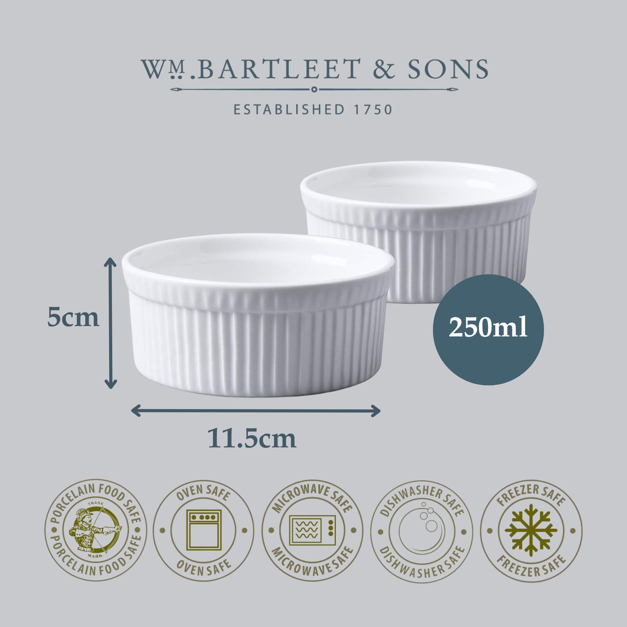 WM Bartleet & Sons 1750 Traditional Porcelain Ramekins Set of 2 - 11.5cm Diameter | Oven Safe 7