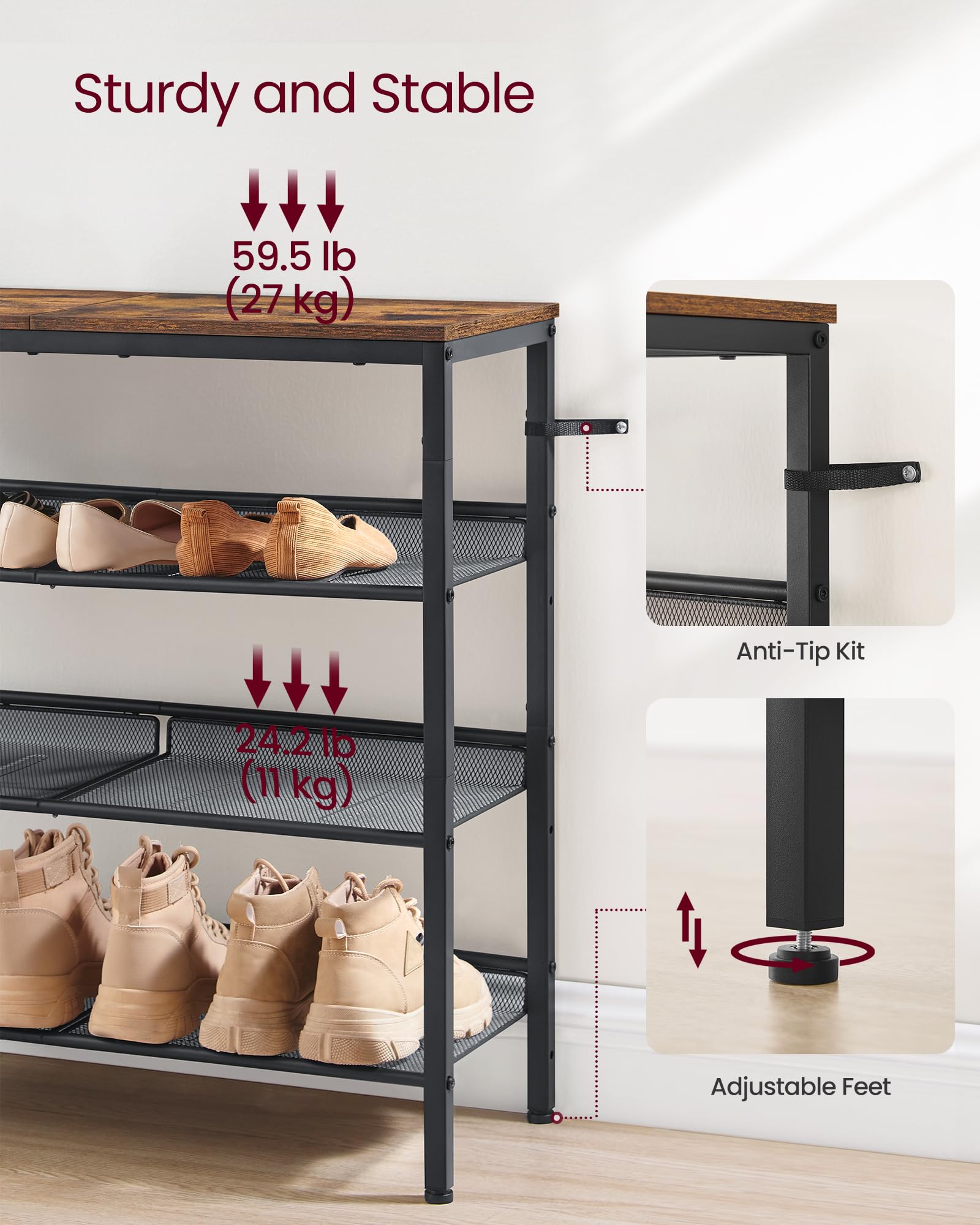 VASAGLE 4-Tier Shoe Rack - Rustic Industrial Design | Adjustable Shelves | 73cm Height 9
