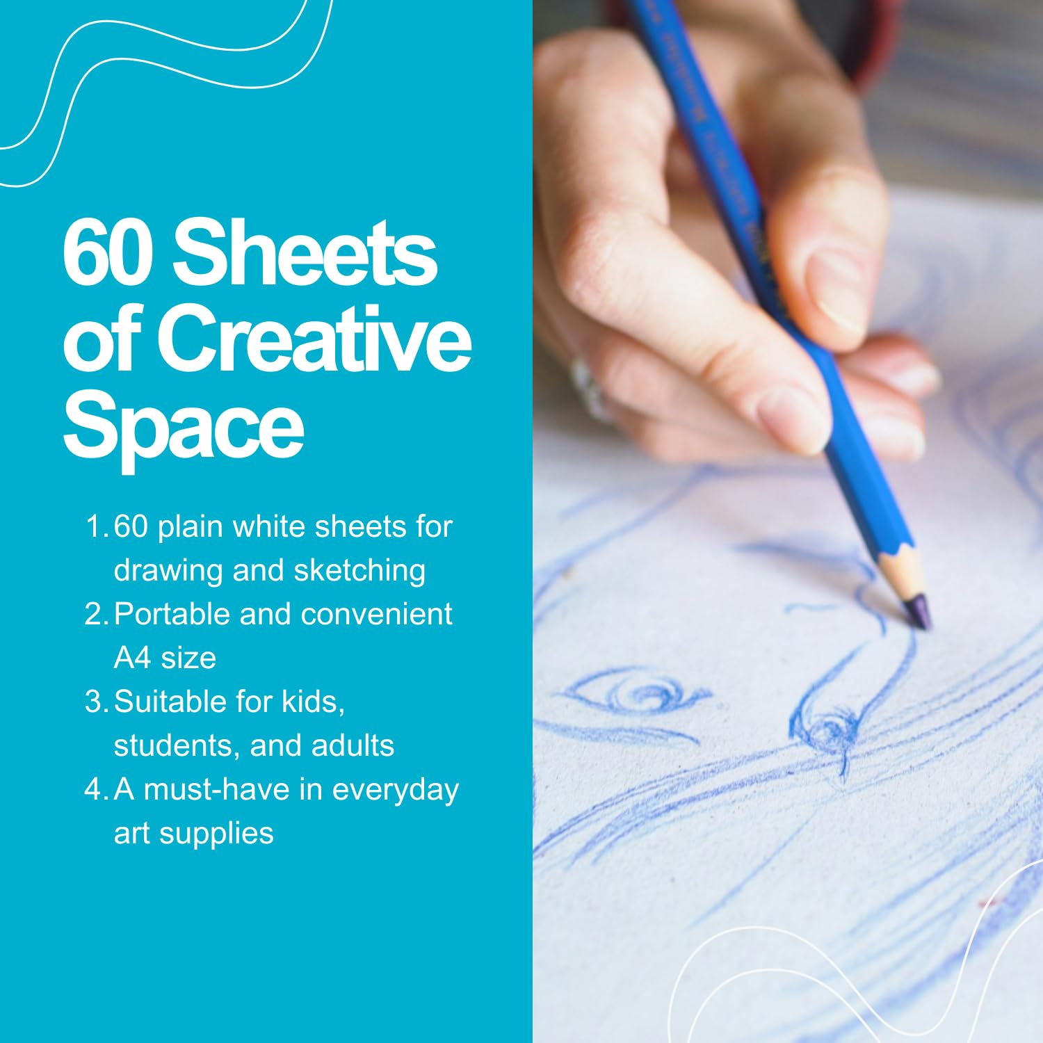 The Box A4 Drawing Pad - 60 Sheets Plain White Paper for Sketching & Doodling | Pencils & Crayons Compatible 3